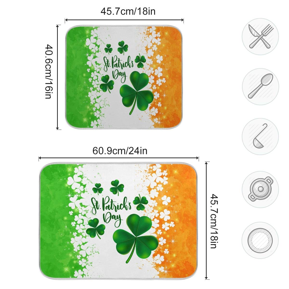 St. Patrick's Day Ireland Shamrock Dish Drying Mat 18x24 Inch - Green & Orange Clover Leaves Design, Absorbent Fast Dry Kitchen Accessories - Perfect for St. Patrick's Day Decor, Irish Themed Kitchens, and Holiday Dish Drying