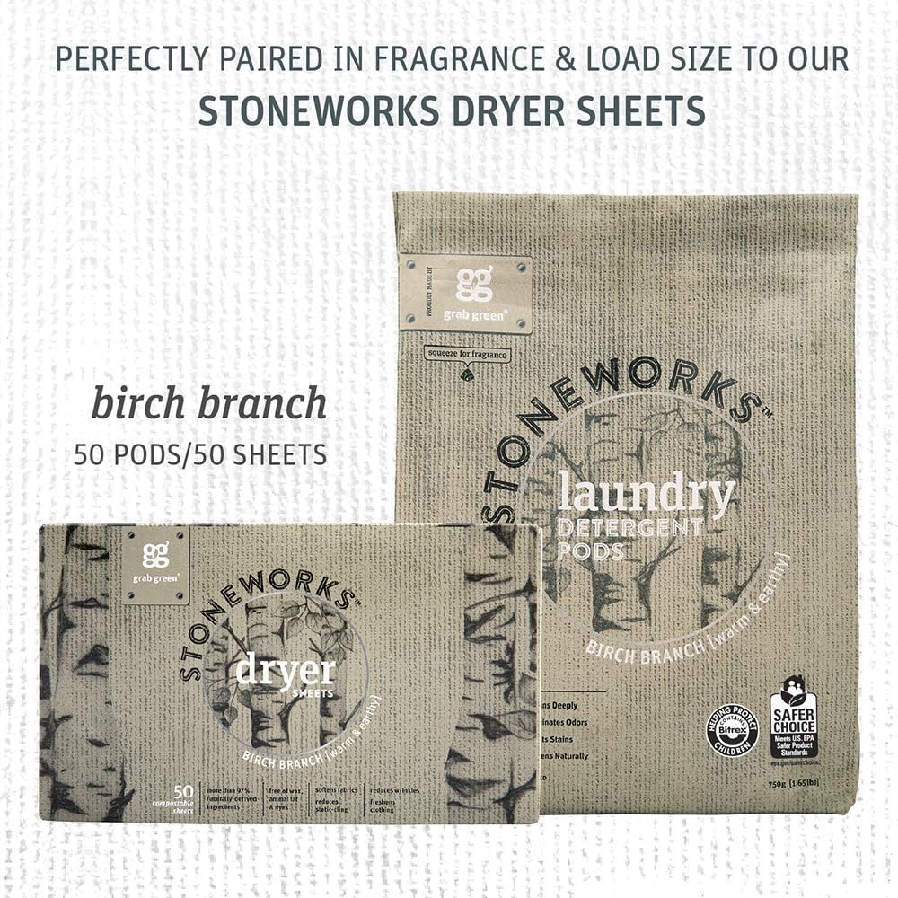 Grab Green Stoneworks Laundry Detergent Pods 100 Count - Plant-Based & Mineral-Powered Deep Cleaning Pods with Fresh Birch Branch Scent | Eliminates Odors & Stains | Perfect for HE Washers, Baby Clothes & Sensitive Skin | Eco-Friendly Laundry Solution for Busy Families