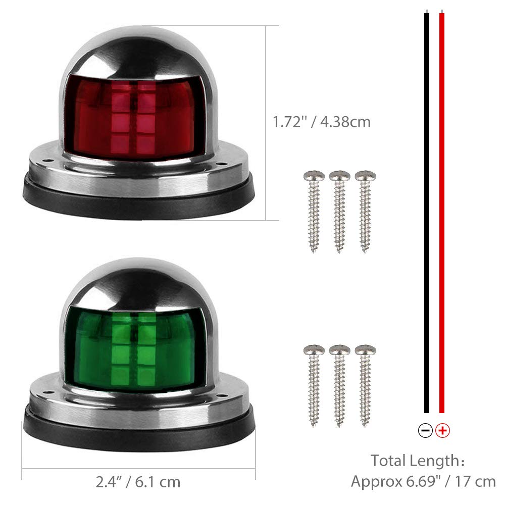 Red Green LED Marine Navigation Lights - 12V Stainless Steel Bow Side Port Starboard Lights for Boats, Yachts, Fishing Vessels & Pontoons | Waterproof Sailing Signal Lights for Night Navigation, Docking & Safety