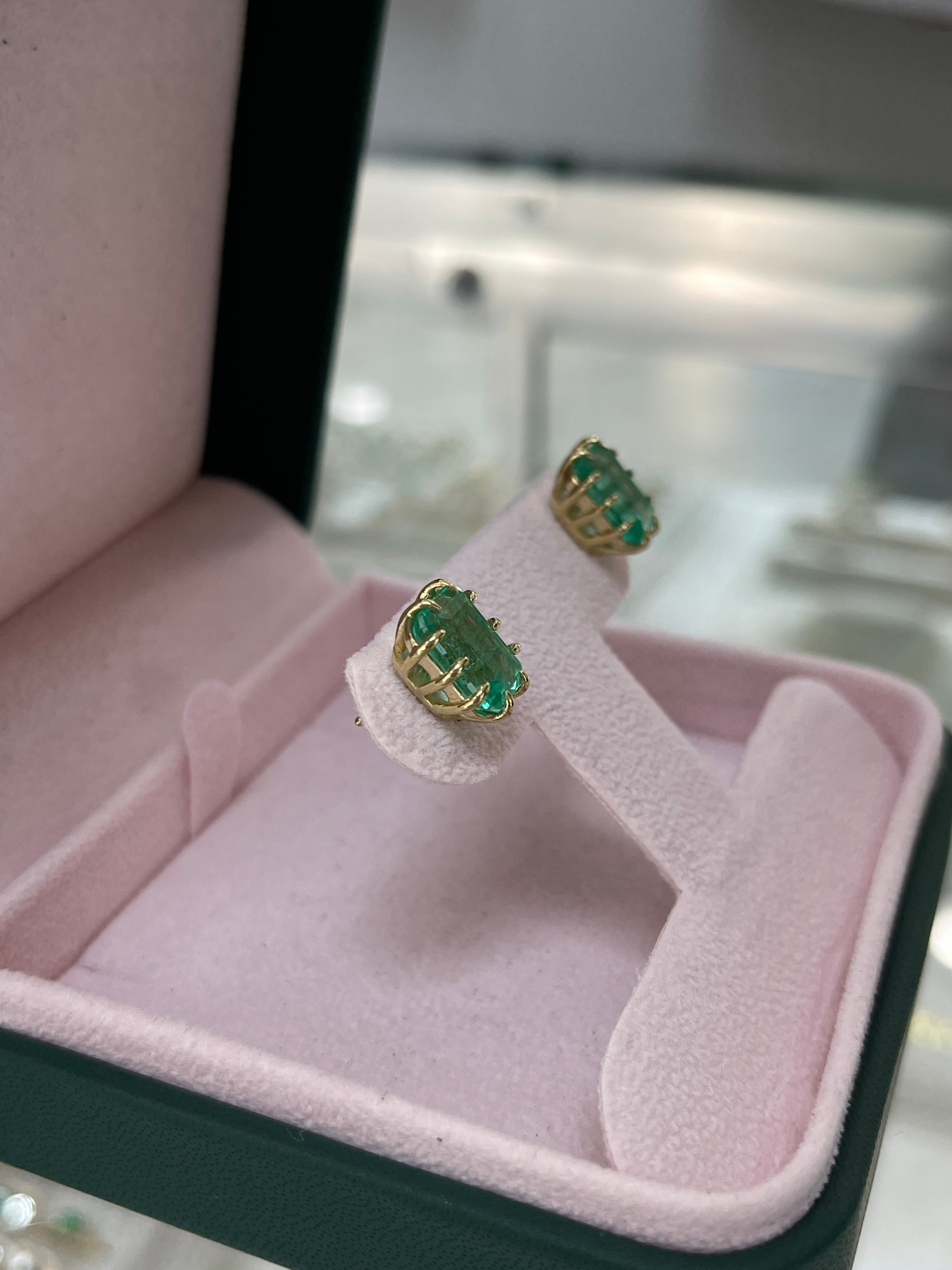 6.24tcw Colombian Emerald Multi-Prong 18K Gold Statement Stud Earrings for Women - Elegant Jewelry for Parties, Weddings & Special Occasions