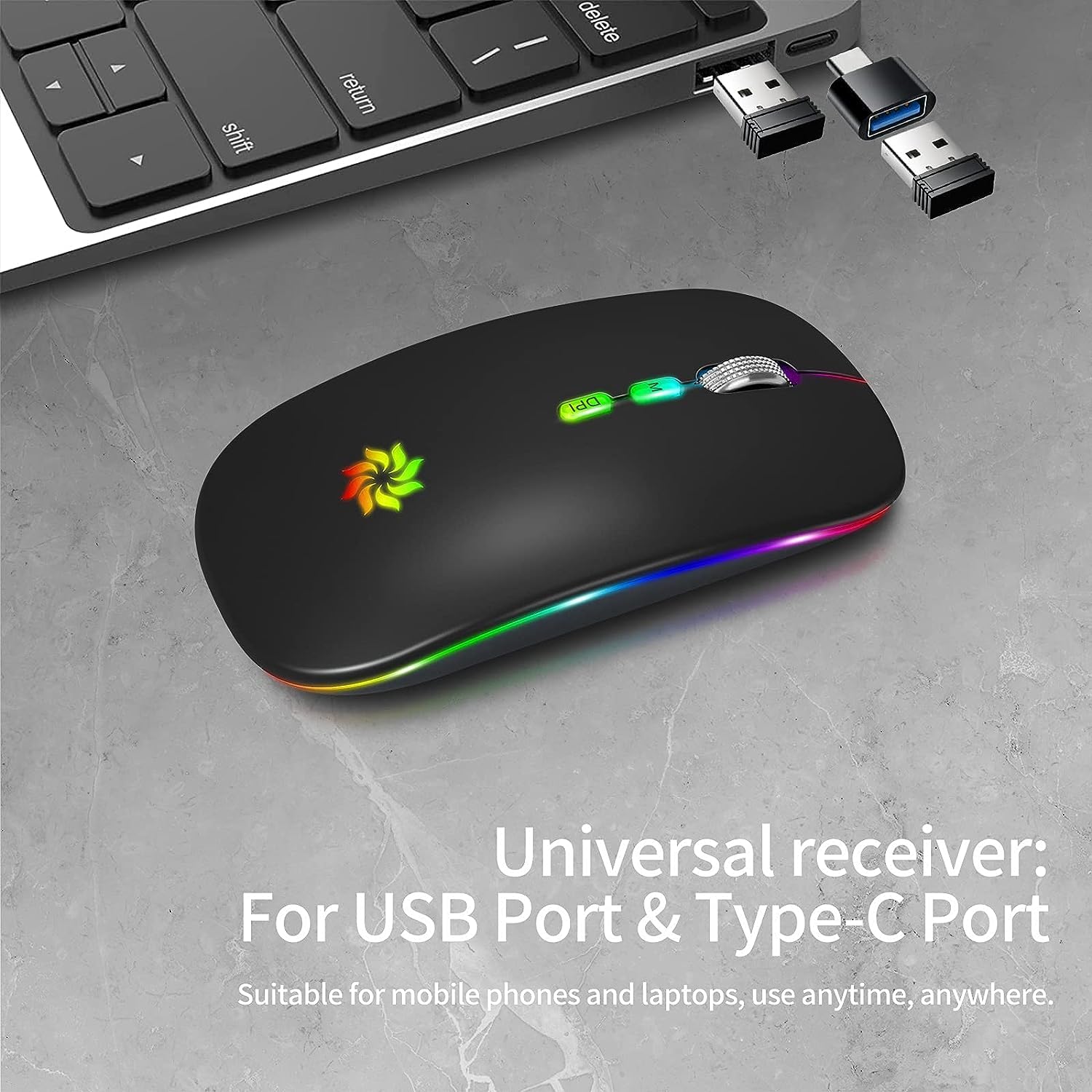 KBCASE Slim Silent Wireless Mouse - 2.4G Rechargeable LED Mouse for Laptop, MacBook, iPad, Chromebook - Includes USB & Type-C Receiver for Home, Office, and Travel Use