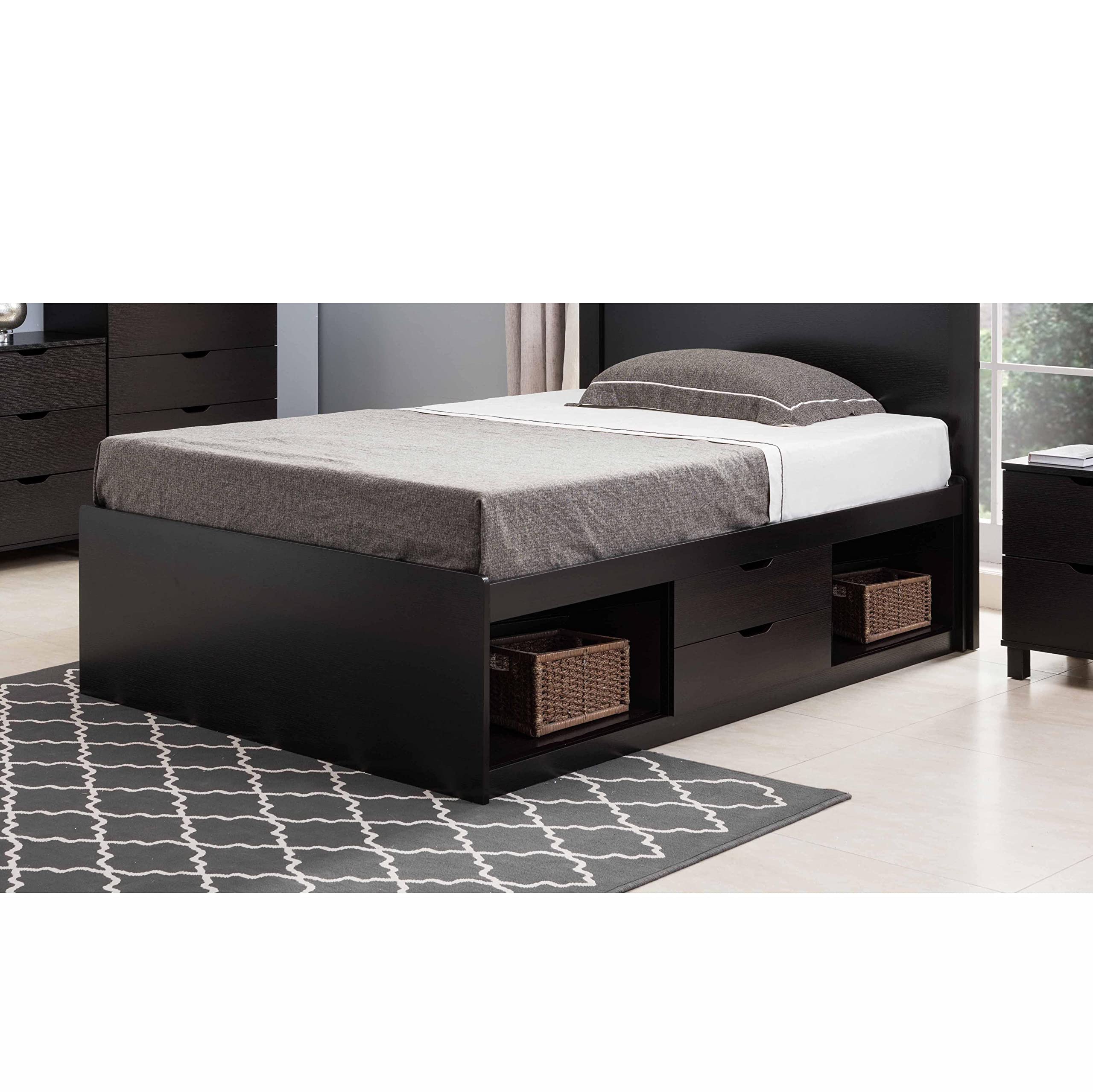 Mid Century Modern Full Size Platform Bed with 2 Drawers & Open Storage - Red Cocoa Finish for Bedroom Furniture & Home Decor