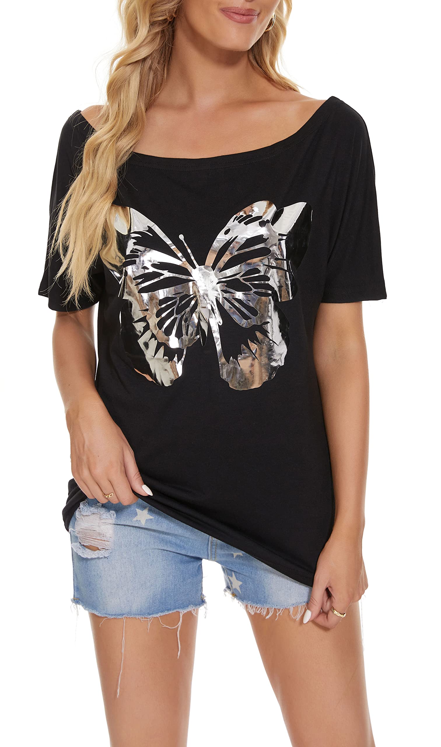 PESION Women's Off The Shoulder Tops - Sexy Shiny Metallic Short Sleeve Blouse with Fashion Graphic Print | Perfect for Night Out, Party, Club, Date Night and Casual Wear