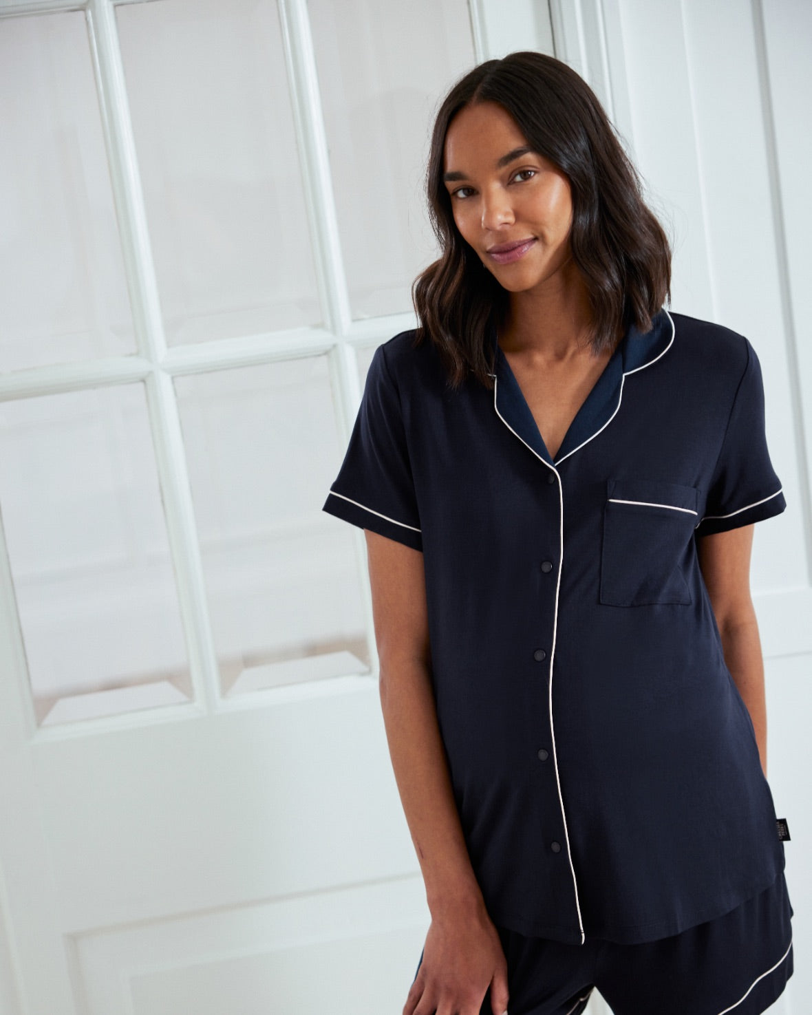 Soft & Breathable Maternity TENCEL™ Modal Short Sleeve Button Up Pajama Set - Navy Blue | Comfortable Nursing Sleepwear for Pregnant Women | Perfect for Maternity Hospital Stay & Breastfeeding at Home