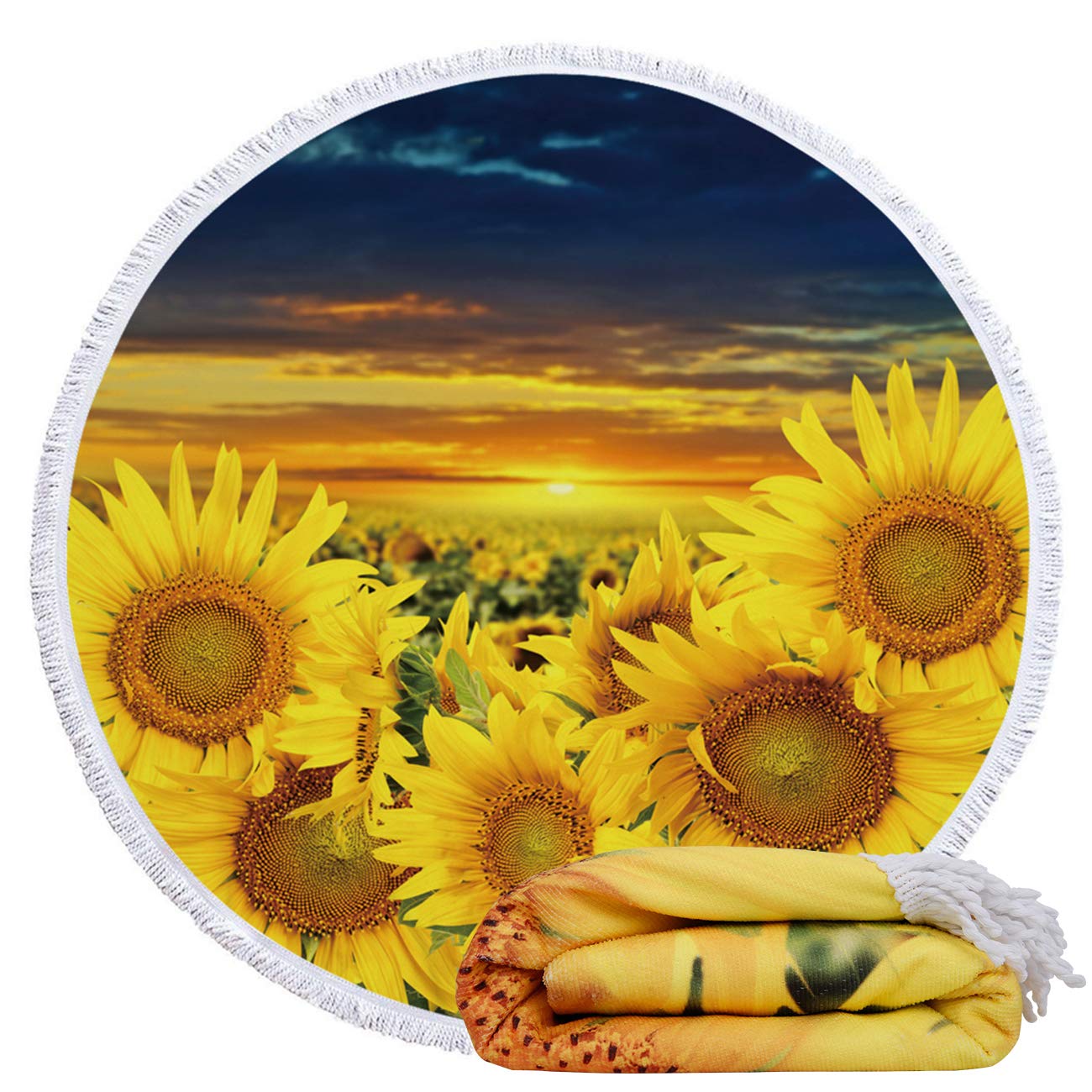 Violet Mist Sunflower Round Beach Blanket 60x60 Inch - Ultra Soft Microfiber Sand-Free Circular Towel with Fringe & Tassels - Perfect for Beach, Pool, Picnic, Travel and Outdoor Activities