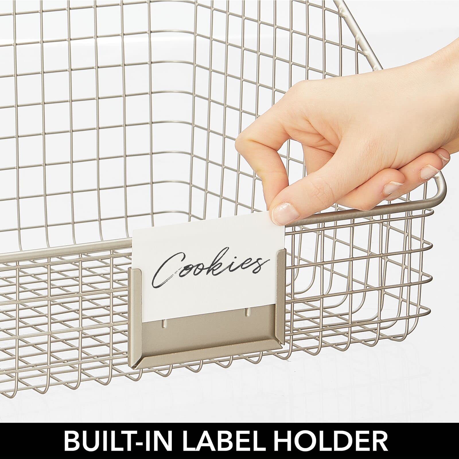 mDesign Slanted Metal Kitchen Food Storage Organizer Bin Basket with Label Slot - Cabinet, Countertop & Pantry Organizer for Produce, Fruits & Vegetables | Omaha Collection, 2-Pack, Satin Finish | Perfect for Kitchen Organization & Decluttering