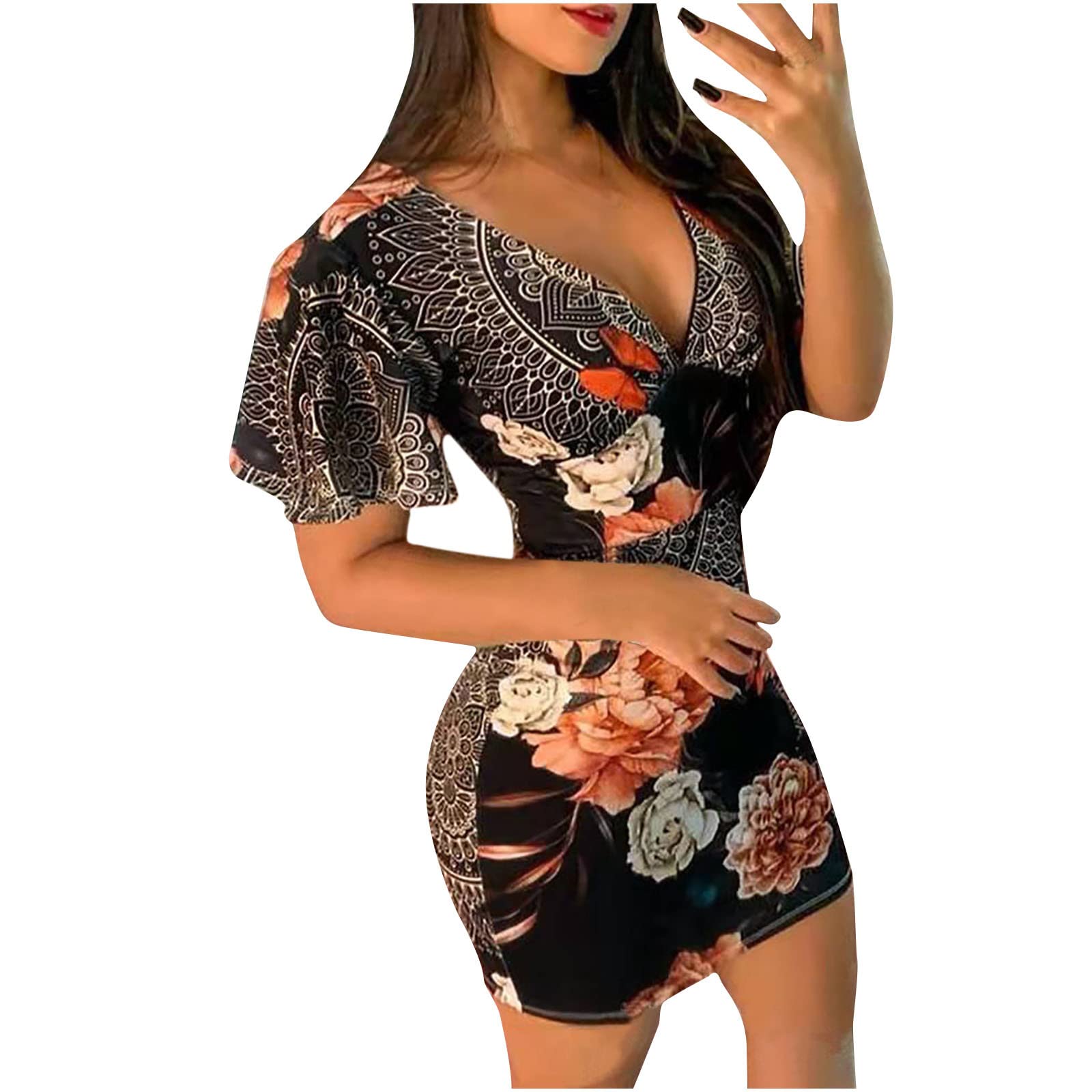 Women's Floral Print Pencil Dress with Flared Sleeves - V-Neck Bodycon Mini Dress for Party, Summer & Night Out | Tight Fitting Cocktail & Club Dress for Women