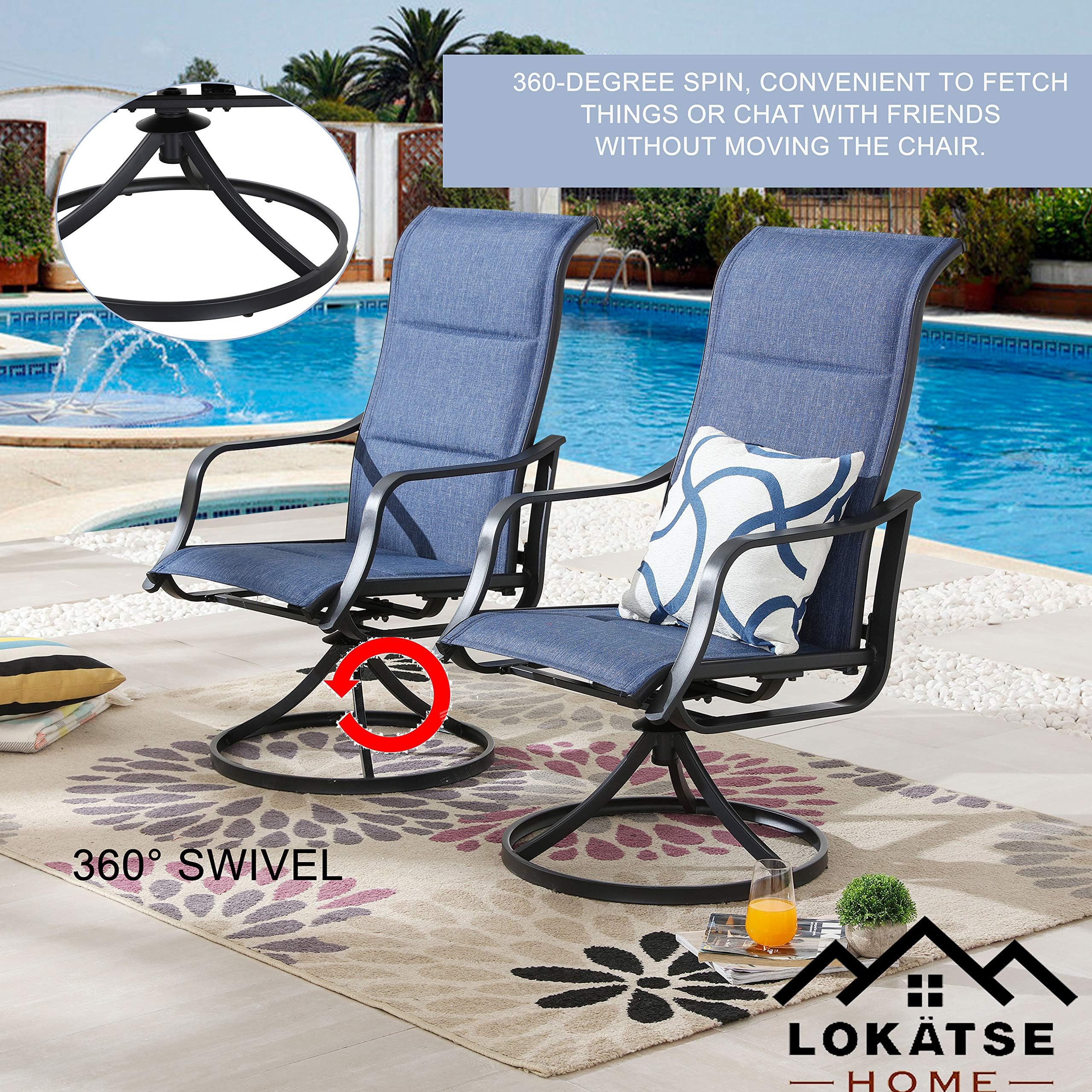 LOKATSE HOME Outdoor Patio Swivel Dining Chairs Set of 2 - All Weather Textilene Fabric Sling Chairs with Durable Frame, Blue - Perfect for Backyard, Poolside & Garden Relaxation