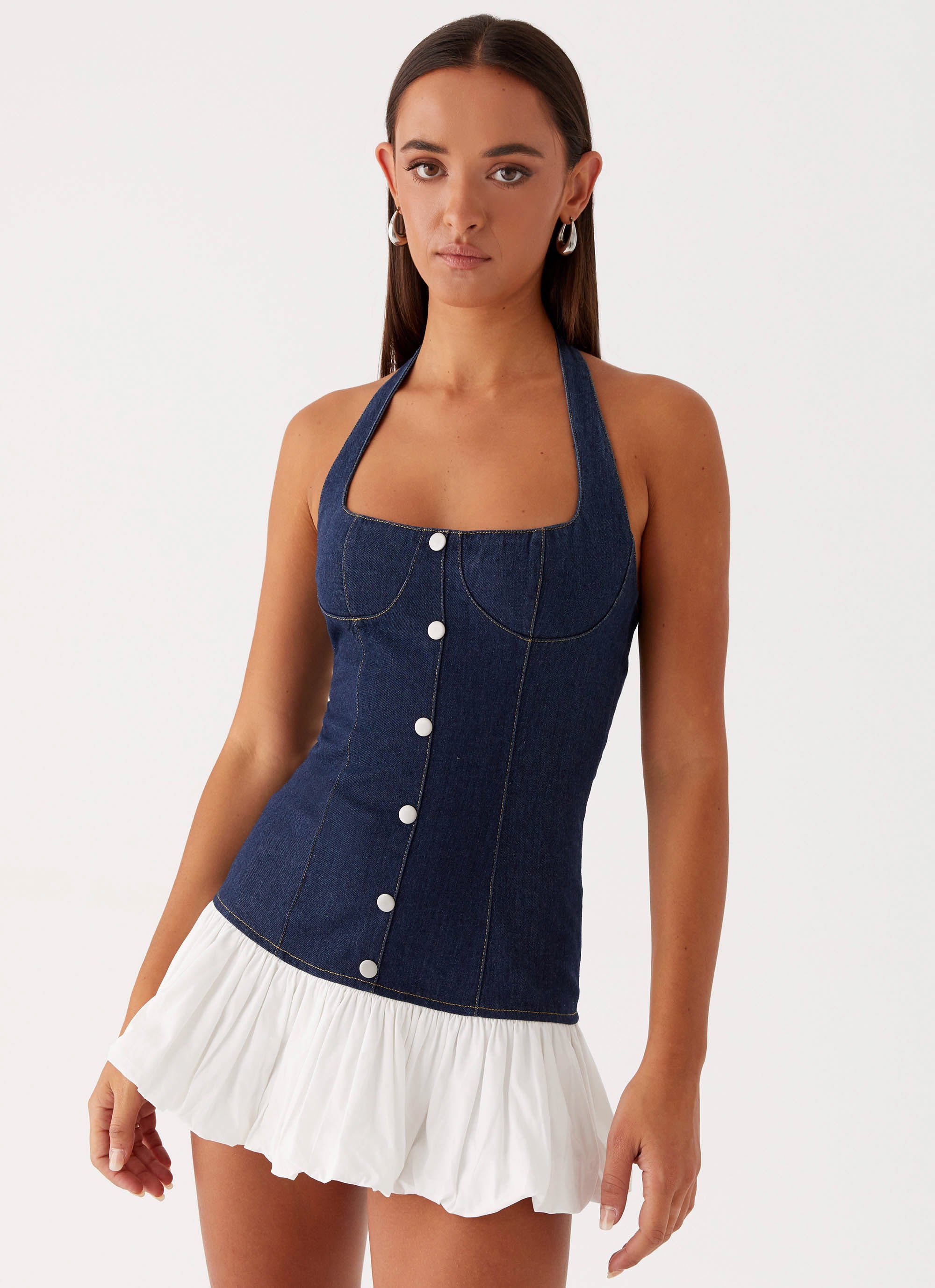 Georgina Denim Mini Dress for Women - Blue Distressed Short Denim Skirt Dress, Casual Summer Outfit for Date Night & Beach Vacations