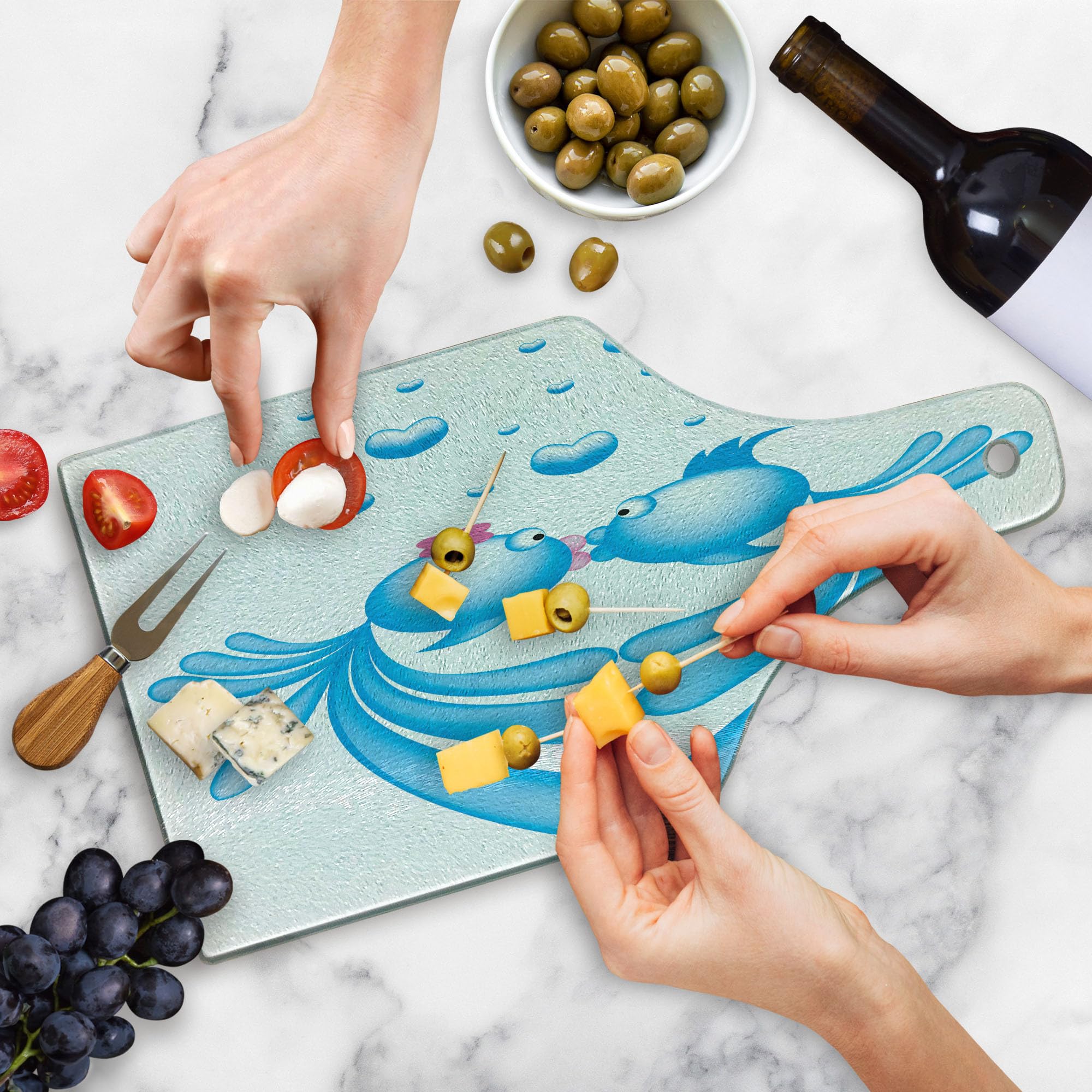 Ambesonne Romantic Fish Kissing Tempered Glass Cutting Board - Abstract Blue Cartoon Fish Design with Heart-Shaped Bubbles, Decorative Serving Board in Wine Bottle Shape (Pale Blue, Pink, White) - Perfect for Kitchen Use, Charcuterie Platters, and Gift Giving