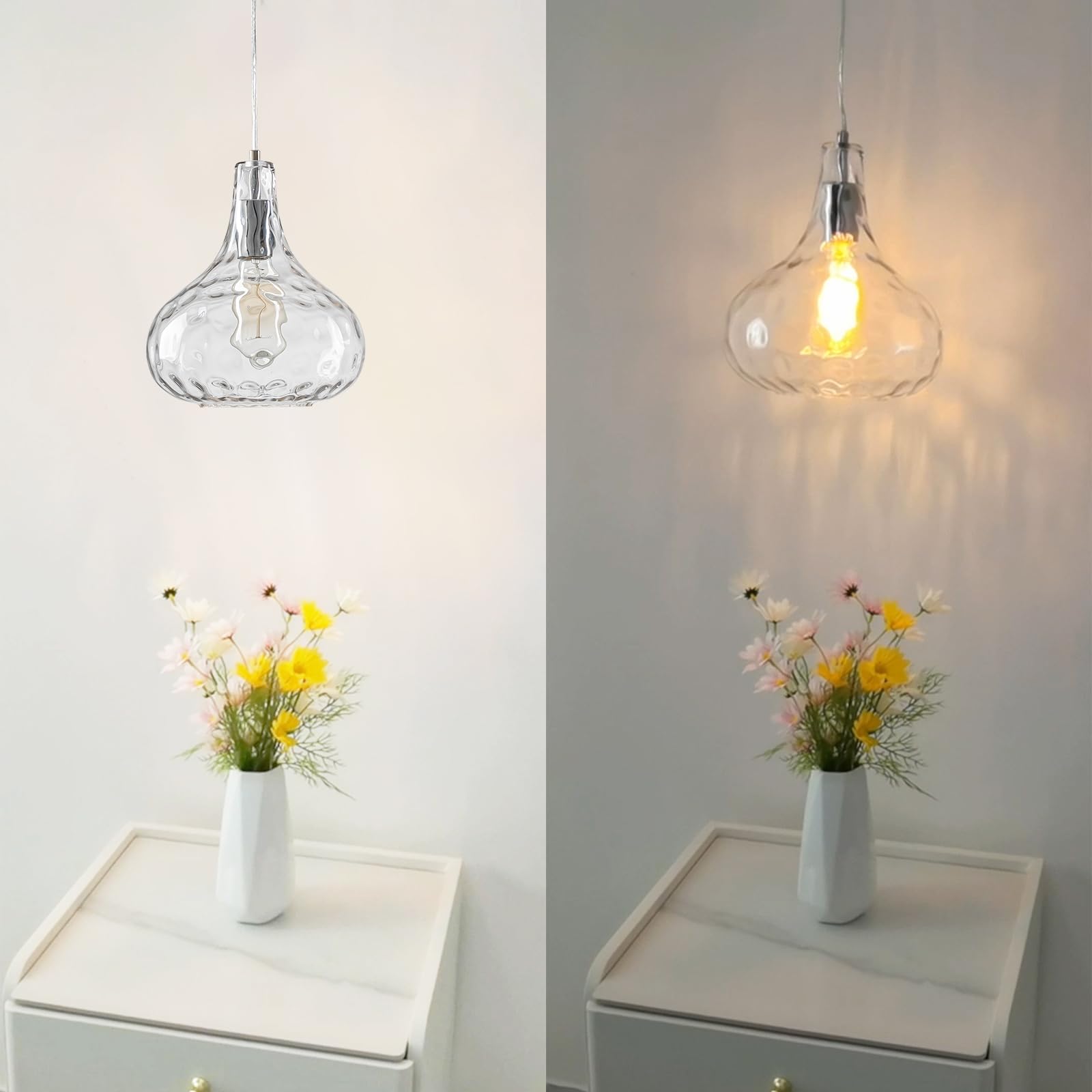 Hammered Clear Glass Pendant Light - Adjustable Ceiling Fixture for Kitchen, Dining Room & Living Room (2-Pack) | Modern Lighting for Home Decor & Commercial Spaces