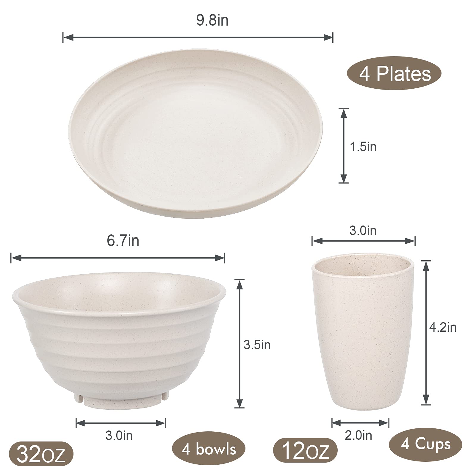 12-Piece Wheat Straw Dinnerware Set for 4 - Microwave & Dishwasher Safe Plates & Bowls - Eco-Friendly Lightweight Beige Tableware for Everyday Meals, Picnics, and Outdoor Dining