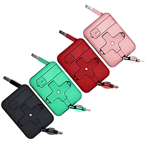 Joyful Bytes 4 Pack - 3-in-1 Retractable Fast Charging Cable for iPhone, Android, iPad, Samsung - Nylon Braided Multi Charger Cord (Pink/Green/Red/Black) | Perfect for Travel, Home & Office Use