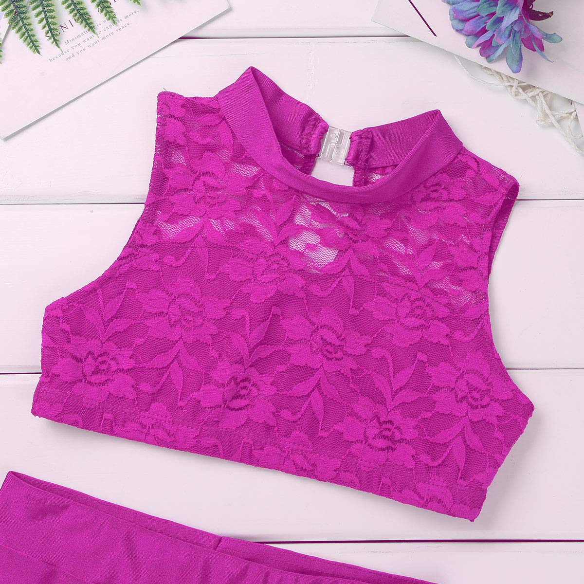 2Pcs Girls Dance Shorts Set - Sleeveless Floral Lace Tank Top & Booty Shorts for Kids, Athletic Outfits for Dance Class, Gymnastics & Performance