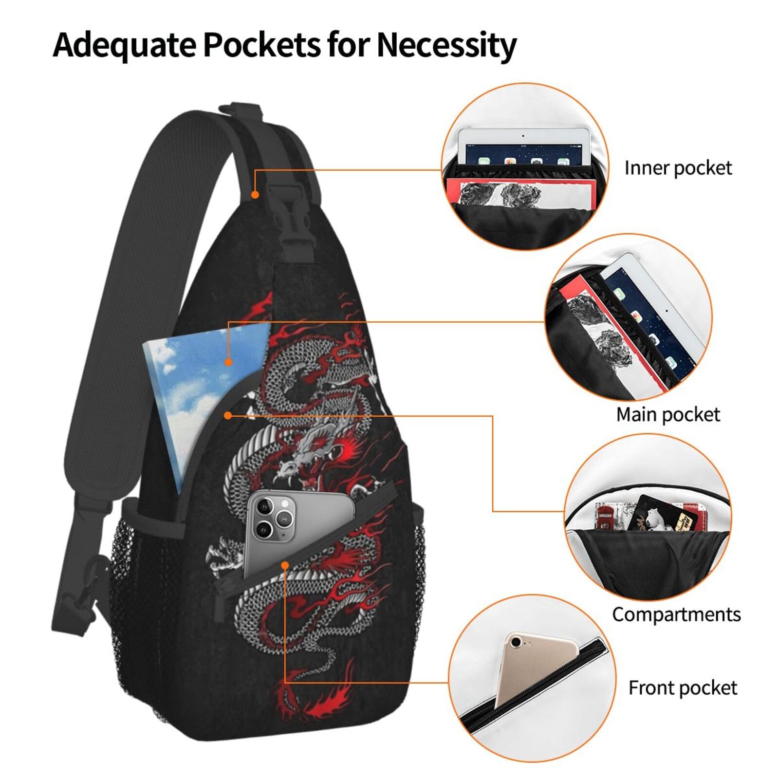 Men's Dragon Print Crossbody Sling Bag - Waterproof Chest Shoulder Backpack for Outdoor Hiking, Travel & Daily Use | Casual Daypack with Adjustable Strap