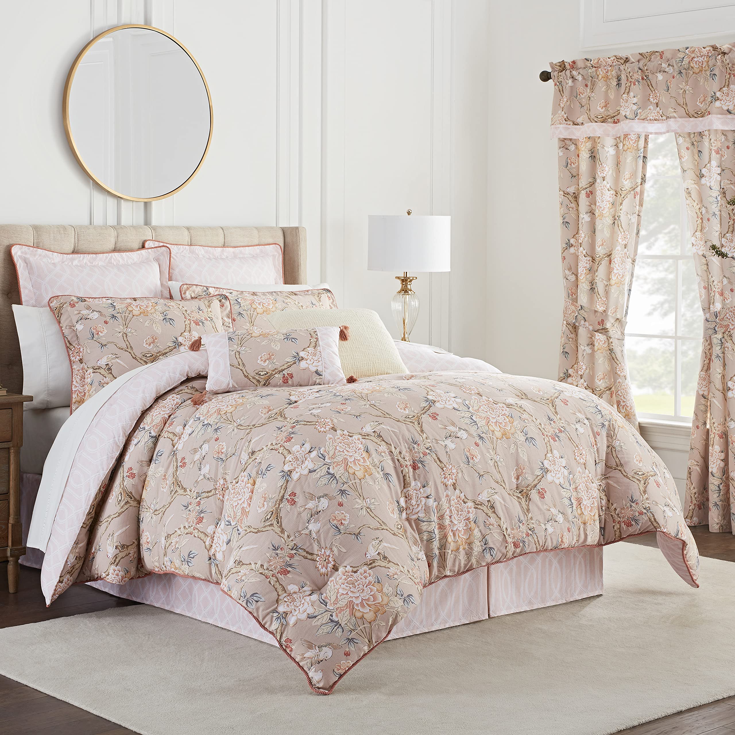 Waverly Peony Gardens 4-Piece King Cotton Comforter Set - All Season Embellished Bedding with Comforter, Bed Skirt & 2 Pillow Shams - Machine Washable Taupe - Perfect for Master Bedroom, Guest Room & Luxury Hotel Decor