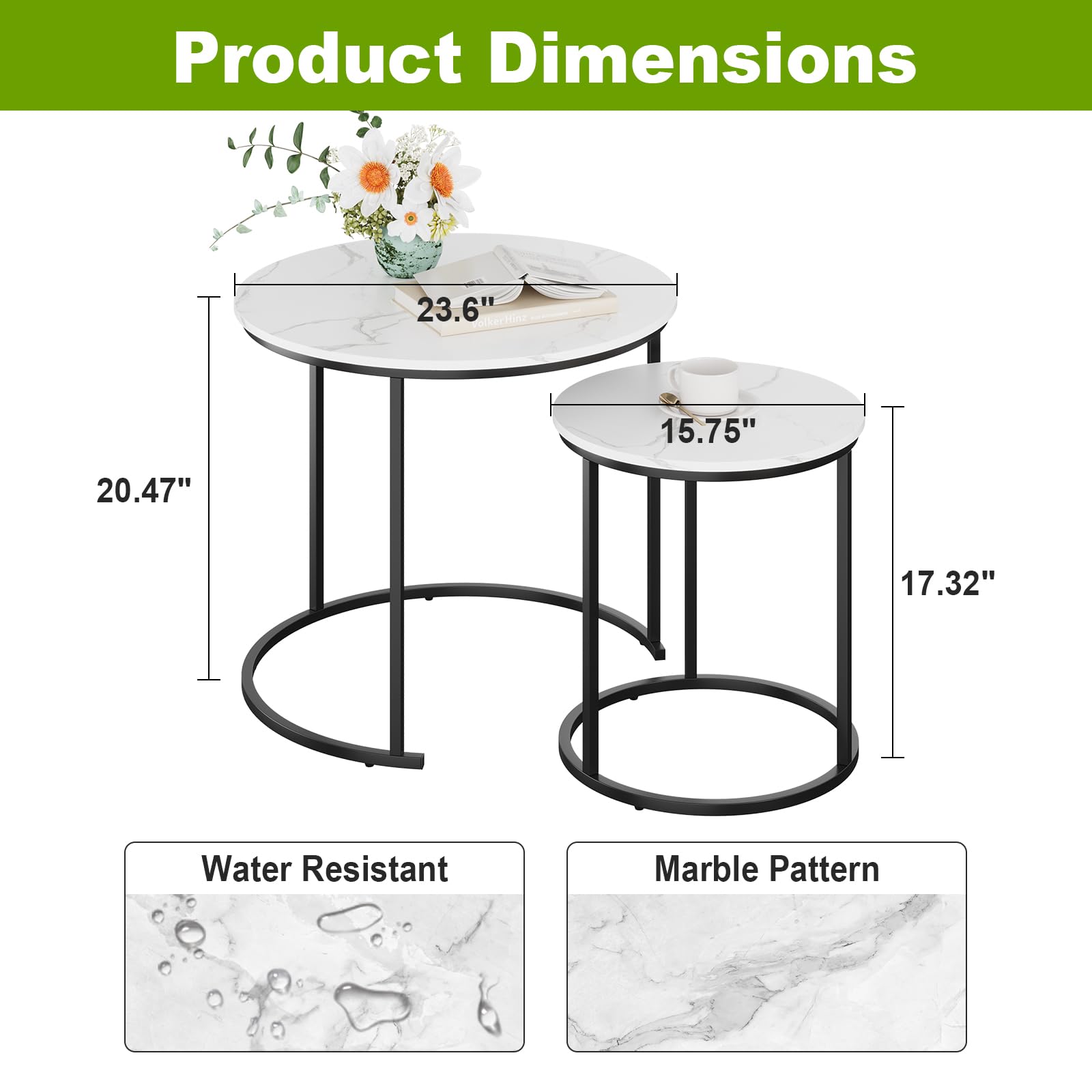 RRG Coffee Table Nesting Set of 2 - Black Frame & Round White Marble Wood Side Tables, Industrial End Tables for Living Room, Bedroom, Apartment, Balcony & Yard - Perfect for Small Spaces, Coffee Time & Home Decor