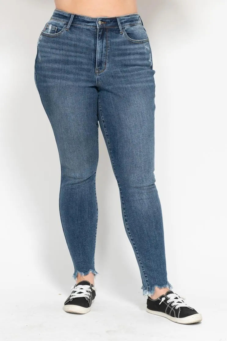 Judy Blue Plus Size High Waist Skinny Jeans with Distressed & Shark Bite Hem - Trendy Women's Denim Pants for Casual Wear & Night Out
