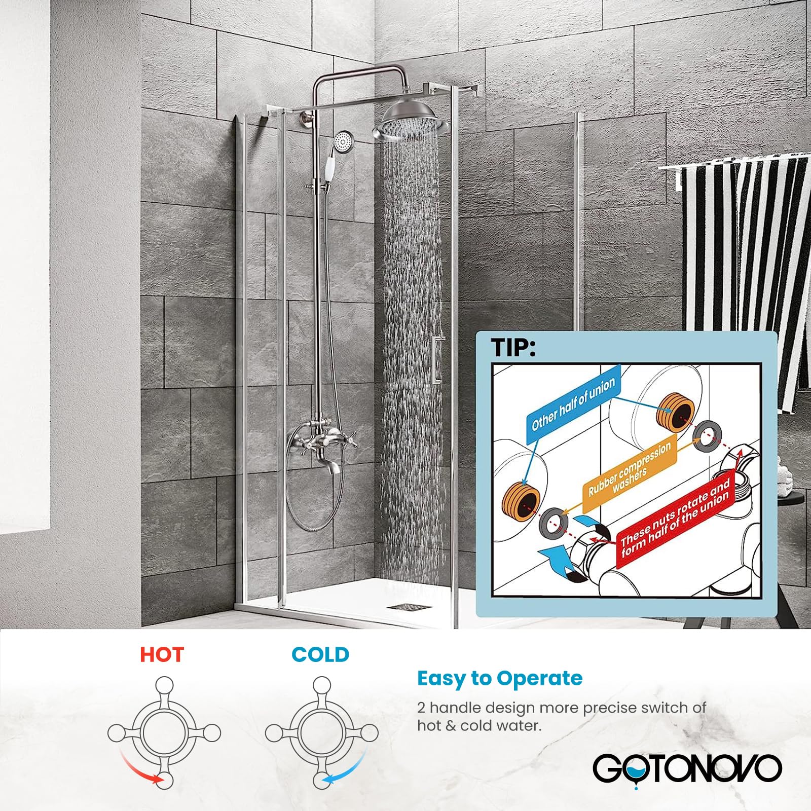 Gotonovo 8 Inch Rainfall Shower System - Brushed Nickel Wall Mount Exposed Shower Faucet with Tub Spout, Handheld Spray & Double Cross Handles (No Shelf) - Perfect for Outdoor Showers, Bathroom Renovations & Spa-Like Experience