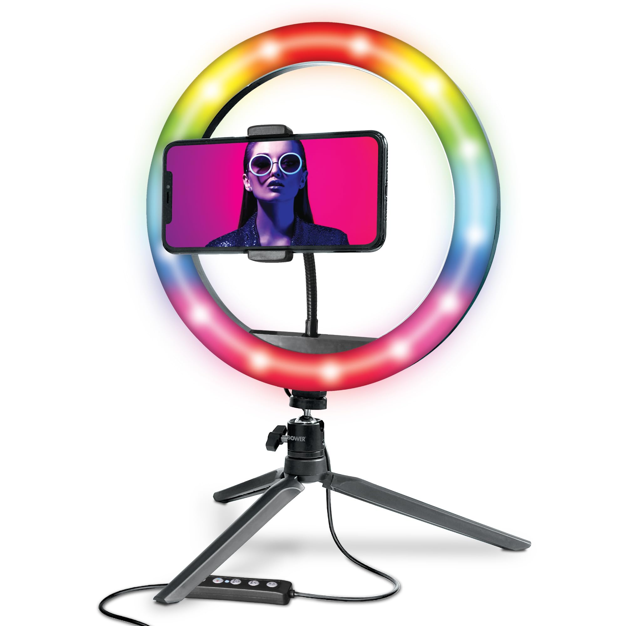 Bower 10 Inch RGB Selfie Ring Light with Stand - 9 Colors, 12 Brightness Levels, Special Effects, Tripod & Phone Holder for Photography, YouTube Videos, Live Streaming & Makeup Studio Lighting