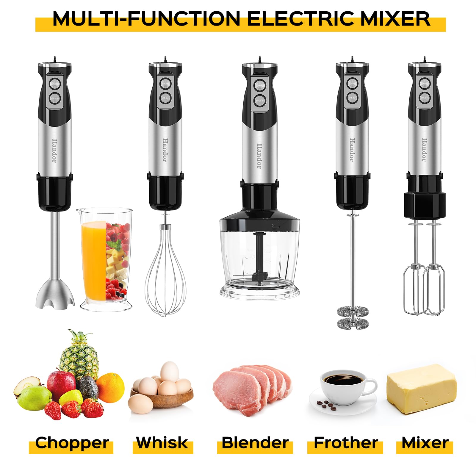 1000W 6-in-1 Immersion Blender Handheld - 12 Speed Electric Hand Blender with 600ml Mixing Beaker, 500ml Food Chopper & 304 Stainless Steel Blades - Includes Whisk & Milk Frother - Perfect for Making Soup, Smoothie, Sauce, Baby Food, Milkshakes & More - Ideal for Kitchen, Home Cooking & Meal Prep