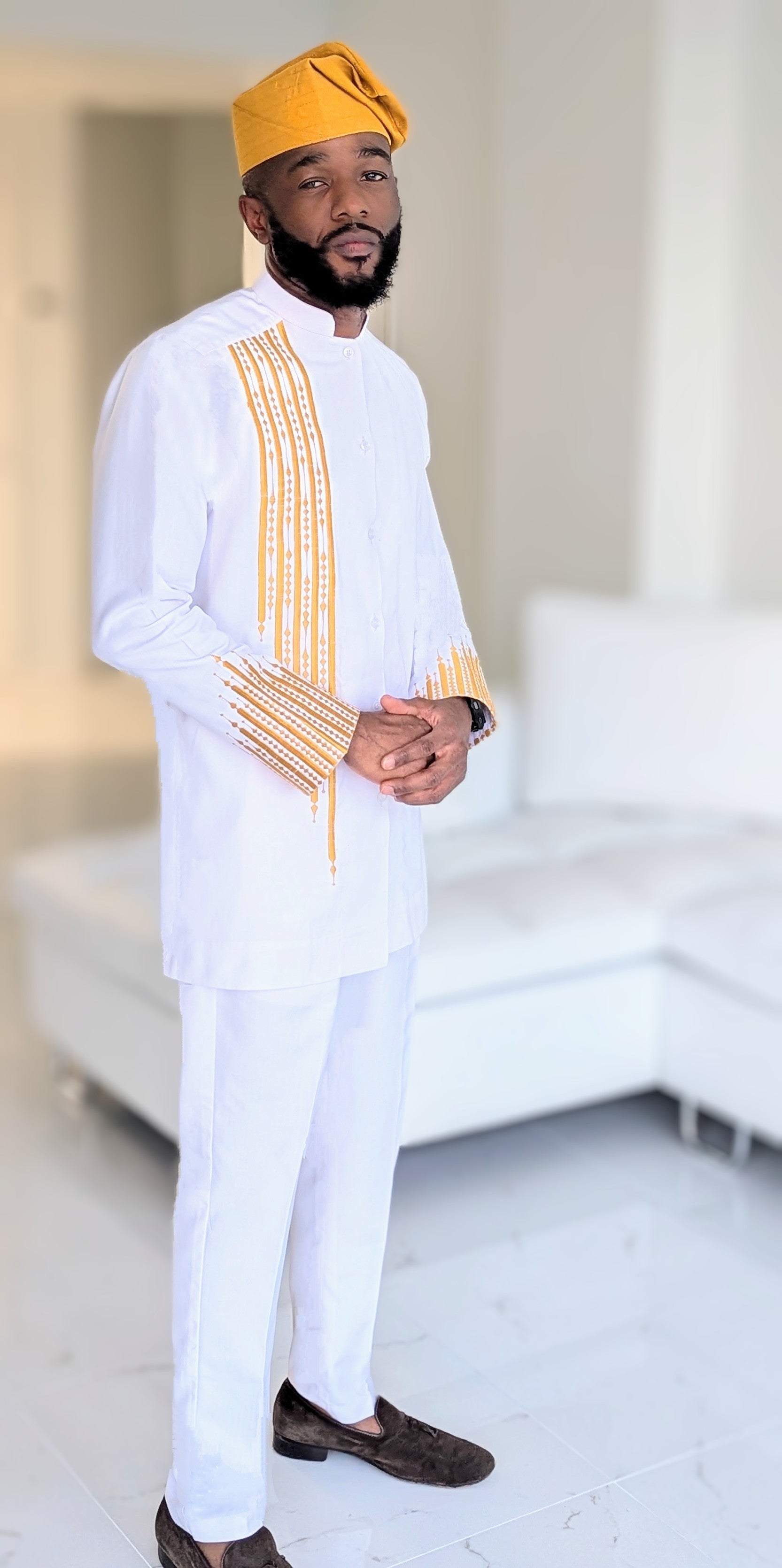 Elegant White Bishop Collar Long Sleeve Shirt with Intricate Gold Embroidery - Women's Formal Blouse for Church, Weddings & Special Occasions | DPWGBCS33