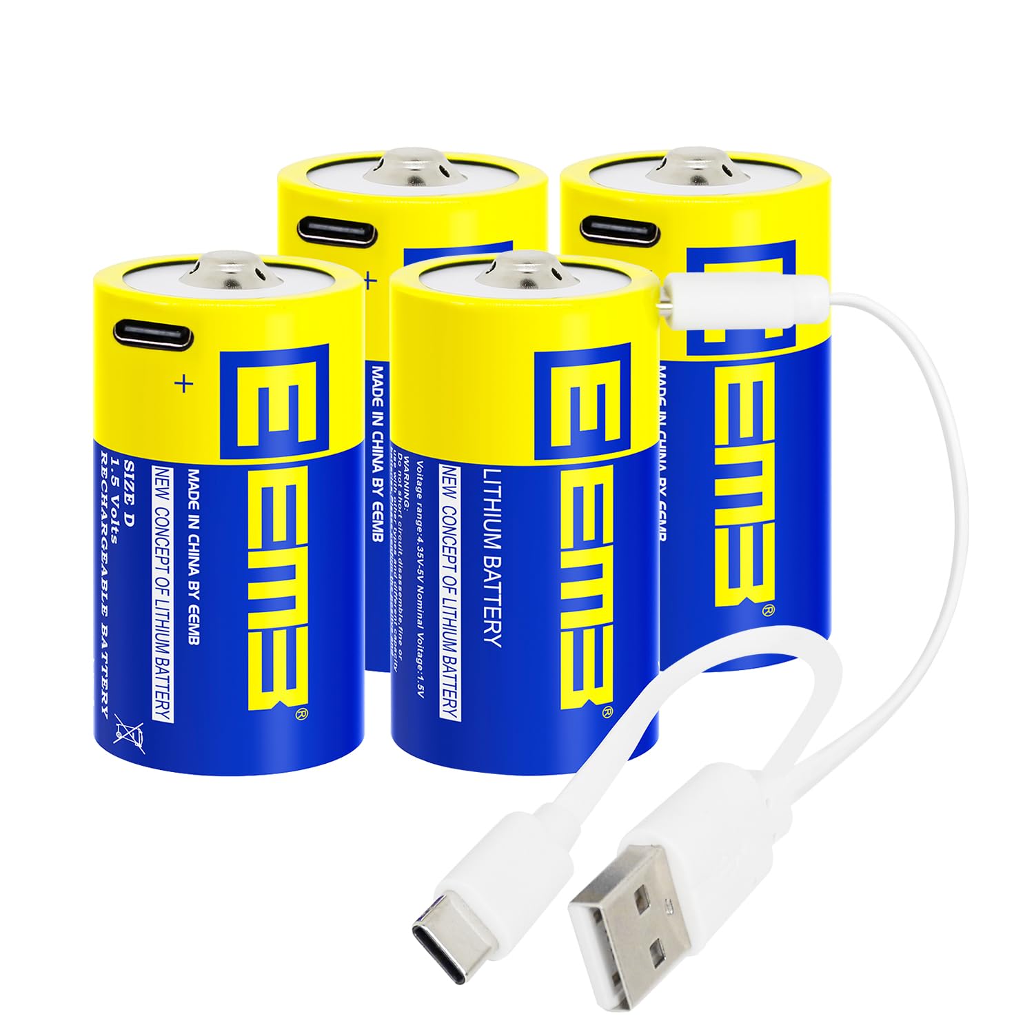 EEMB 4-Pack Rechargeable D Batteries 1.5V Lithium D Cell Batteries with USB Type-C Cable - 5550mWh LR20 Battery for Flashlights, Emergency Kits & Outdoor Gear