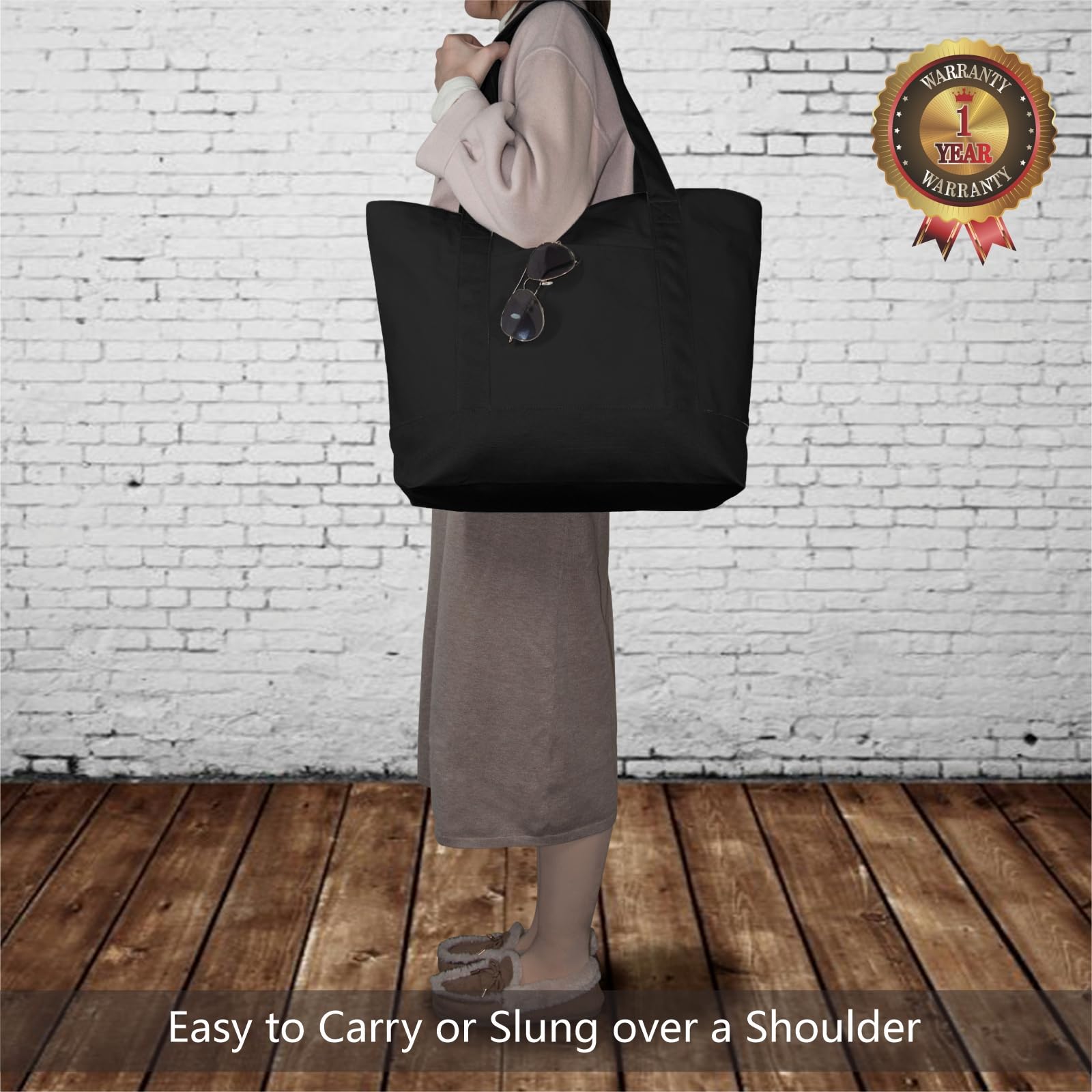 TOPDesign 30-Pack Canvas Tote Bags with Zipper Closure & External Pocket - Reusable Grocery Shopping Bags for Daily Essentials (Black) - Perfect for Shopping, Travel, Work & School