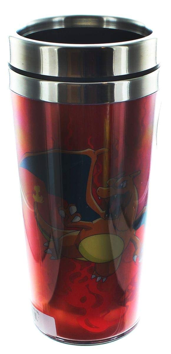 Just Funky Pokemon Charizard 16oz Insulated Travel Mug - Double Wall Stainless Steel Coffee Cup with Lid - Perfect for Hot & Cold Drinks, Commuting, Camping, and Office Use