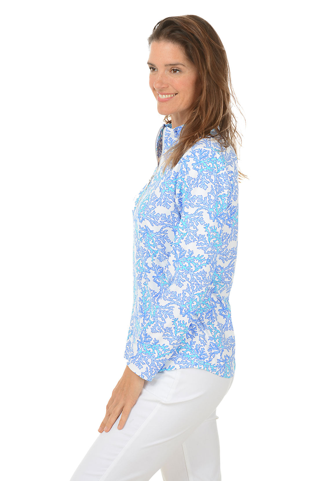 Blue Coral Mock Neck UPF50+ Sun Protection Shirt for Women - Beach, Hiking & Outdoor Activities