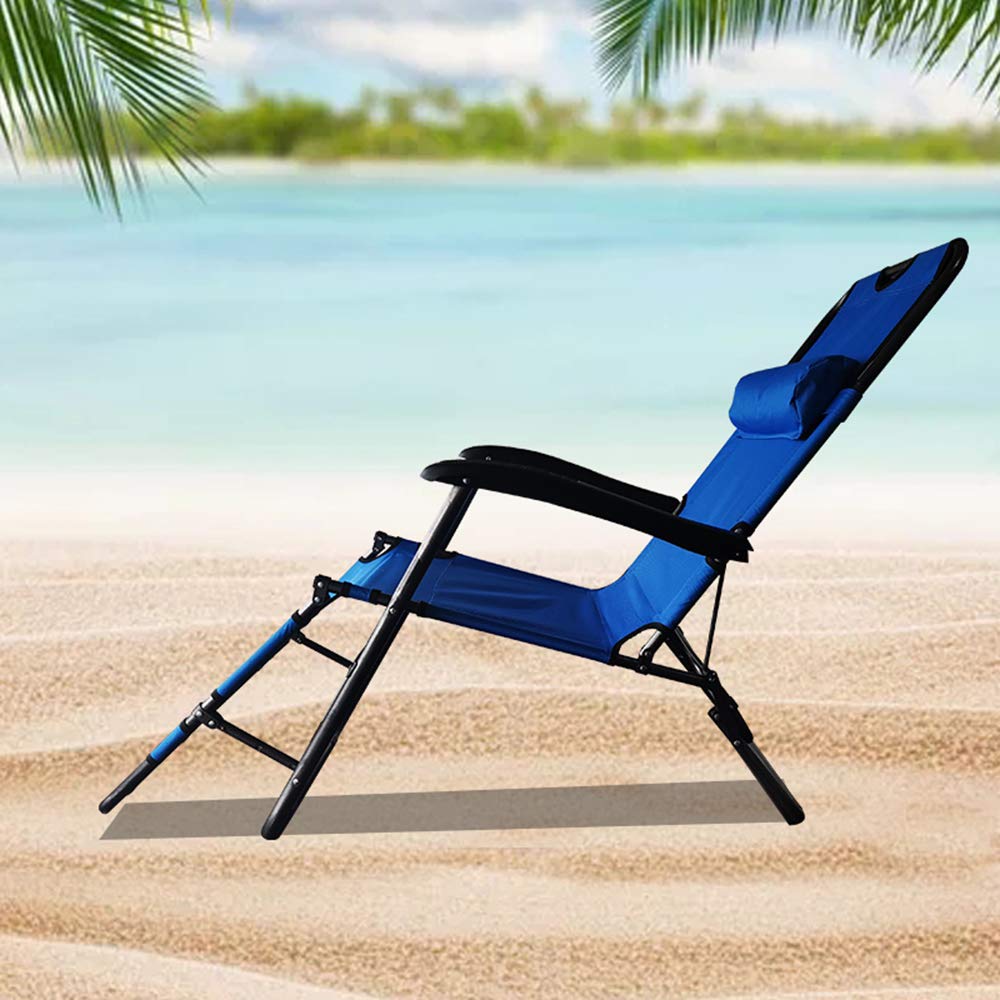 Outdoor Lounge Chairs with Adjustable Footrest & Pillow - Foldable Patio Chaise for Beach, Pool, Sunbathing, Lawn & Camping - Comfortable Blue Recliner for Relaxing in Backyard, Garden or Vacation