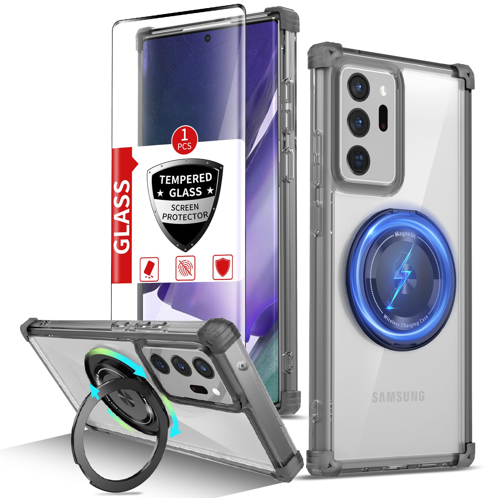 Magnetic Case for Samsung Galaxy Note 20 Ultra - MagSafe Compatible Wireless Charging, Built-in Screen Protector & 360° Kickstand, Military-Grade Shockproof Drop Protection (Black) - Perfect for Work, Travel, and Everyday Use