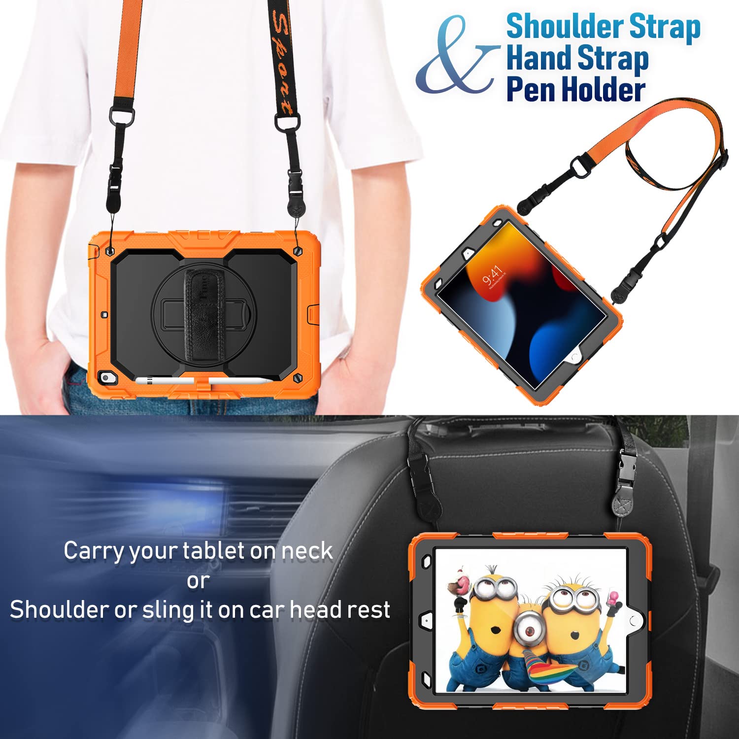 Timecity Rugged Protective Case for iPad 9th/8th/7th Generation 10.2 inch (2021/2020/2019 Models) - Shockproof Cover with Built-in Screen Protector, Rotating Stand, Hand/Shoulder Strap & Apple Pencil Holder - Black & Orange - Perfect for Travel, Work and School Use