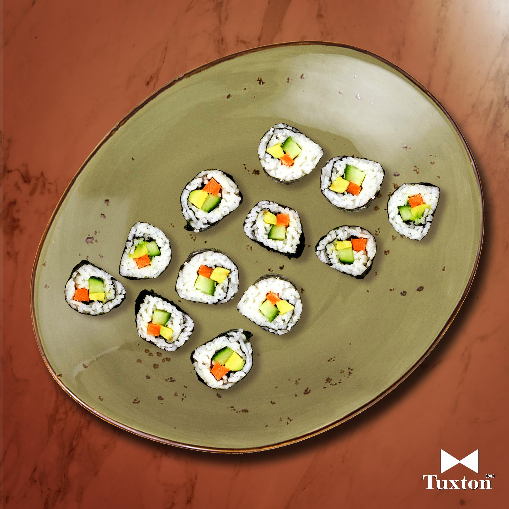 Tuxton Artisan Geode Olive Reactive Natural 12-Inch Ellipse Plate Set of 12 - Scratch & Chip Resistant, Lead & Cadmium Free, Dishwasher/Microwave/Oven Safe - Perfect for Dinner Parties, Holiday Entertaining & Upscale Home Decor