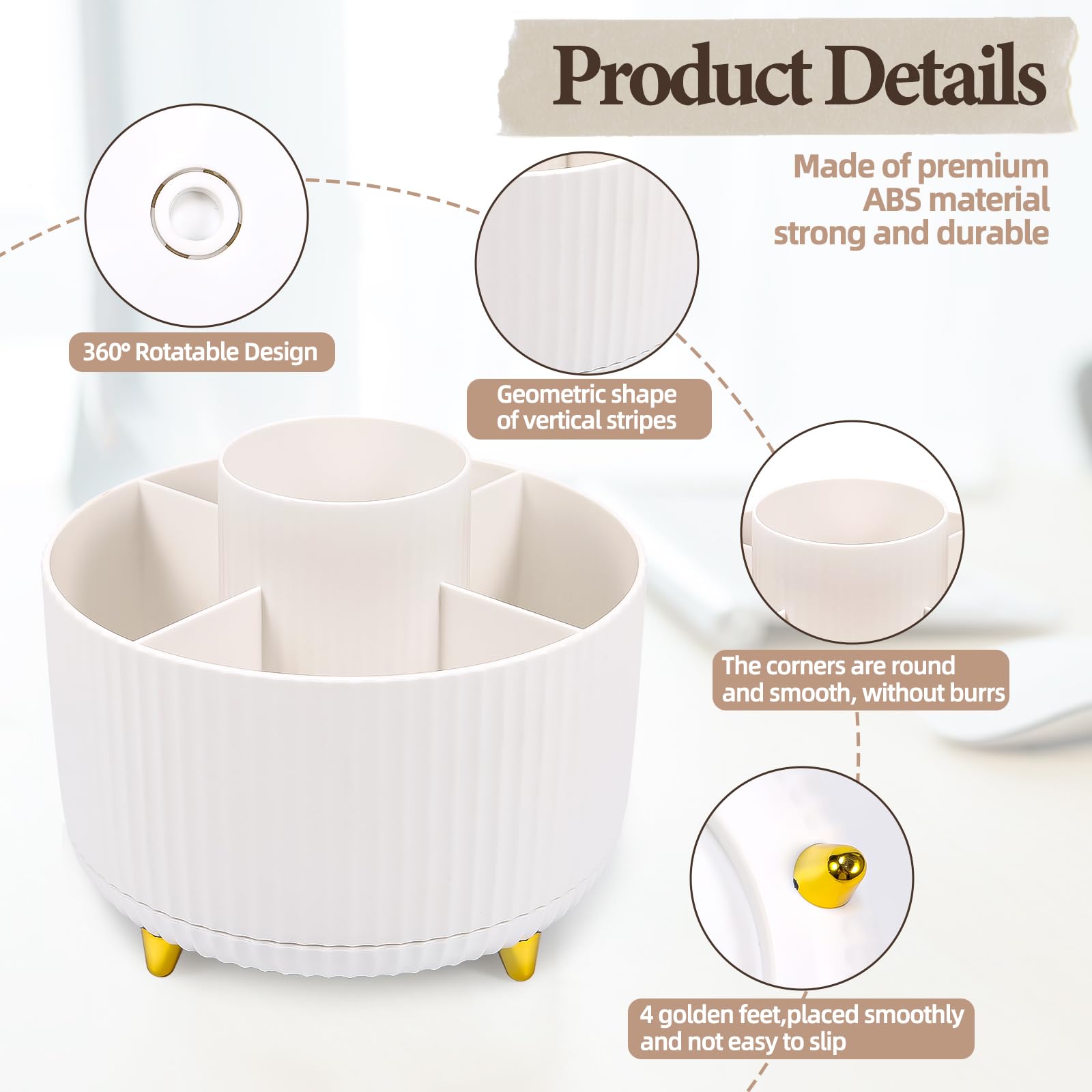 360° Rotating Makeup Brush Organizer with 5 Slots - White Cosmetic Brush Storage Holder & Cute Pencil Cup for Vanity Desk - Perfect for Makeup Brushes, Pens, and Desk Accessories Organization