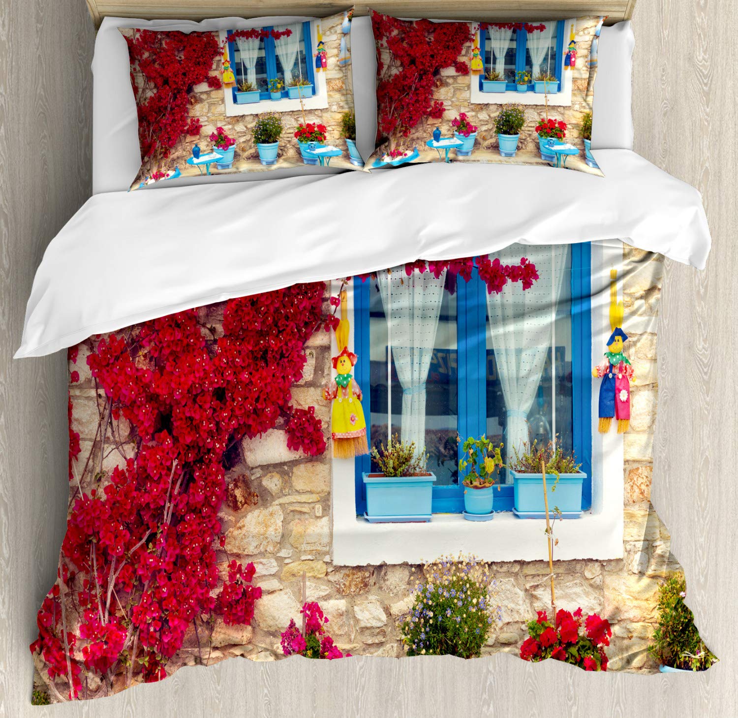 Ambesonne Coastal Duvet Cover Set - Italian Mediterranean House Design with Greek Windows Print | 2-Pack Queen Size Bedding Set (2 Duvet Covers + 4 Pillowcases) in Pale Brown & Navy Blue | Perfect for Beach House, Vacation Home & Coastal Themed Bedrooms