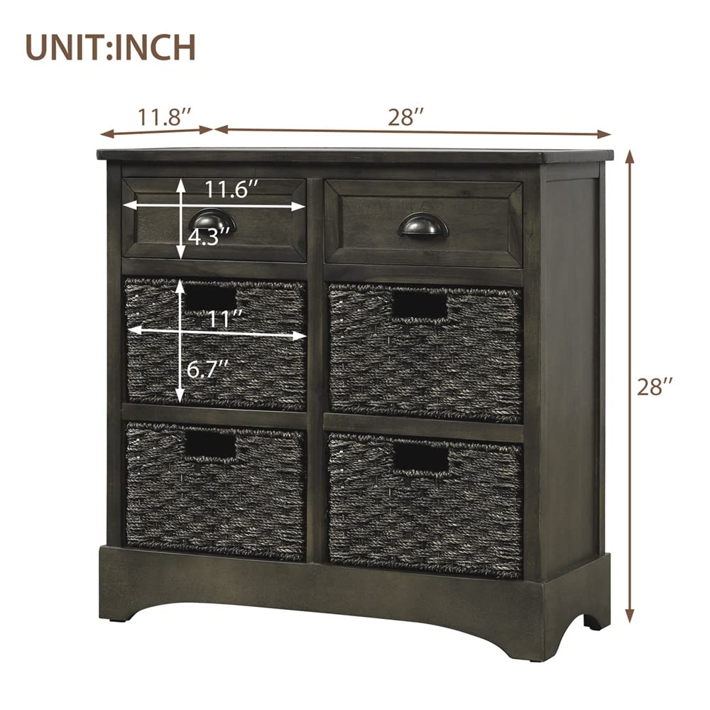 Rustic Farmhouse Storage Cabinet with 2 Drawers & 4 Rattan Baskets - Entryway Console Table, Living Room Sofa Table, Dining Room Sideboard - Brown & Gray for Home Organization & Decor