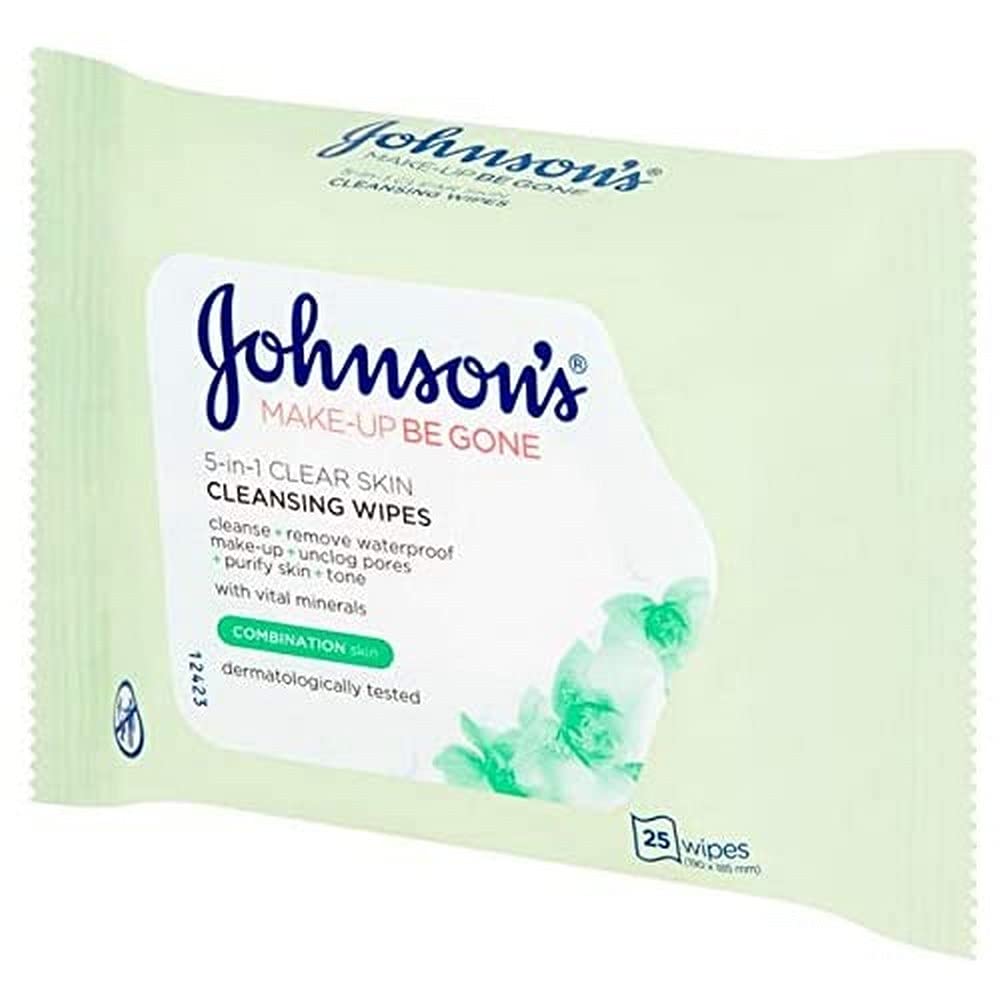 Johnson's Face Care Make-up Be Gone Clear Skin Wipes - 25 Count Pack | Gentle Makeup Remover & Cleansing Wipes for All Skin Types | Perfect for Travel, Gym & Daily Skincare Routine