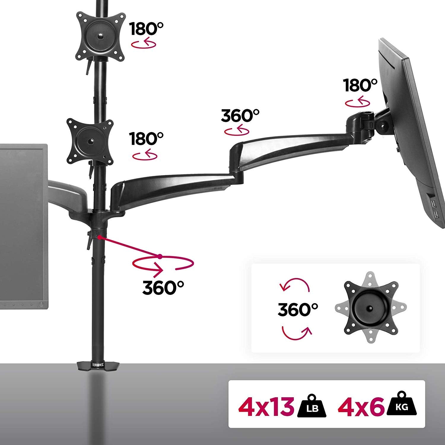 Duronic DM453VX1 Quad Monitor Arm Stand | Heavy Duty Steel Desk Mount | Height Adjustable for 15-27