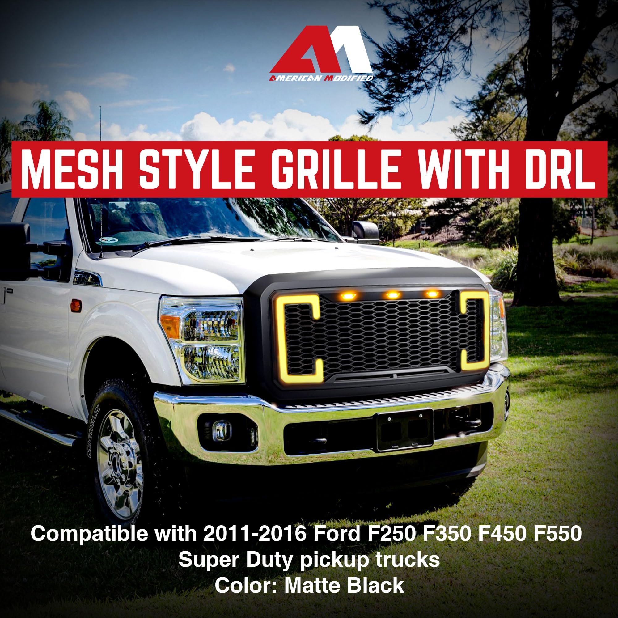 **2011-2016 Ford F250 F350 F450 F550 Matte Black Raptor Front Grille with DRL & Turn Signal Lights | Off-Road & Custom Truck Upgrade**