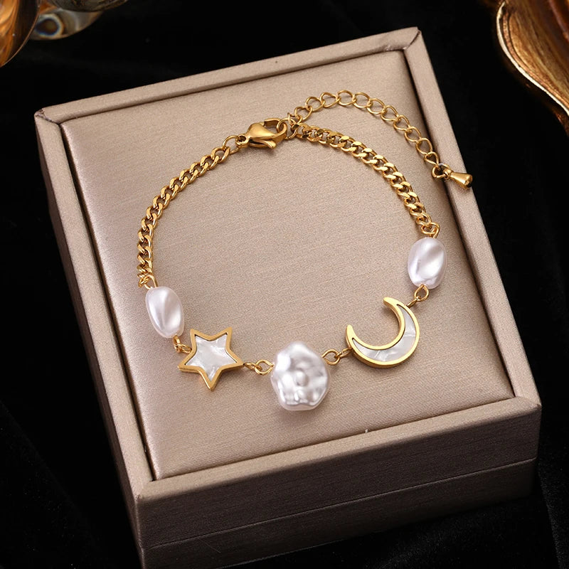 Stainless Steel Heart Pearl Charm Bracelet for Girls - Elegant Jewelry Gift for Women, Teens, Birthday, Valentine's Day, Party Wear