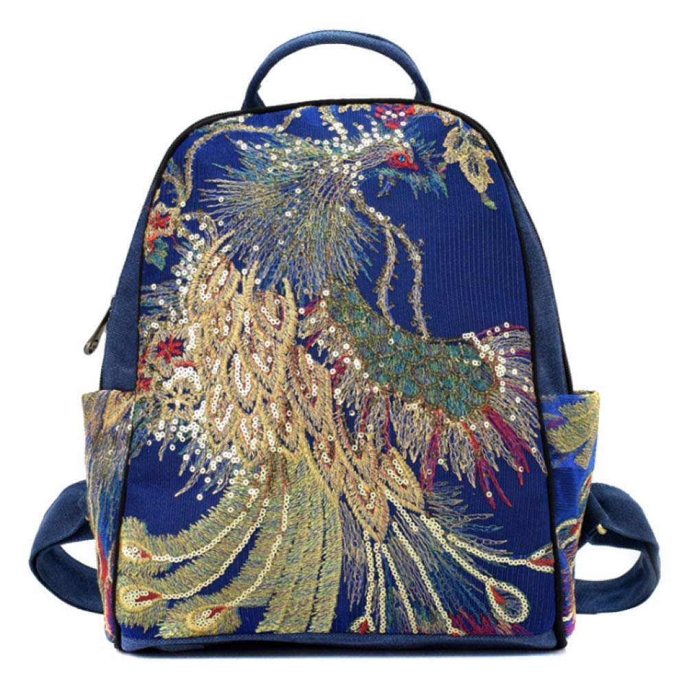 Stylish Women's Peacock Sequin Embroidered Canvas Backpack - Large Ethnic Boho Travel Bag (33×26×11cm) for College, Work & Festival Fashion Accessory