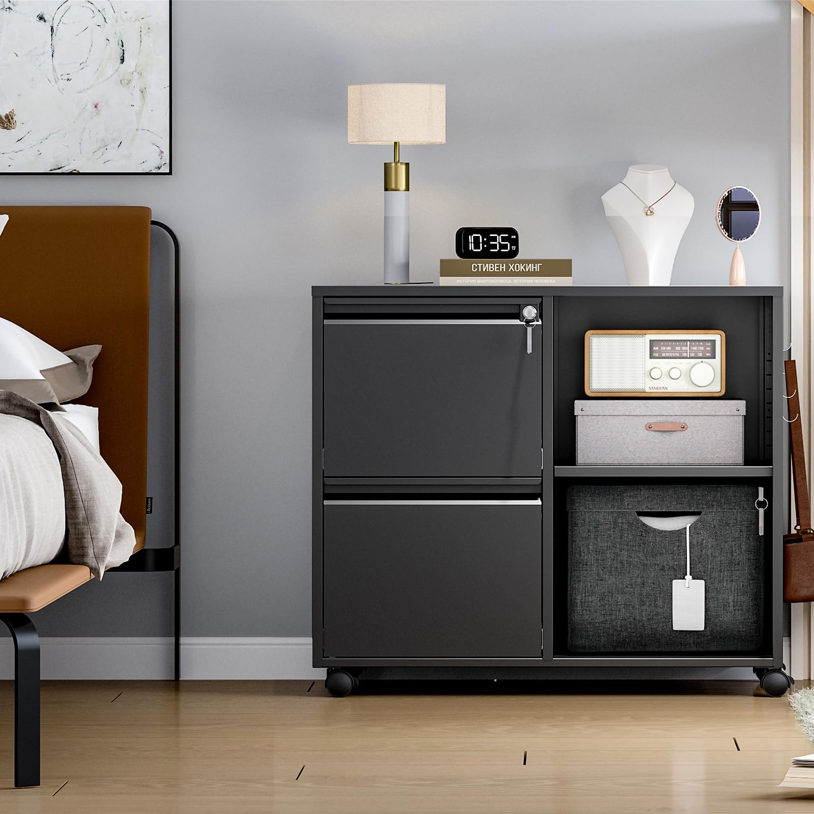 2-Drawer Mobile File Cabinet with Lock - Adjustable Shelves for Letter, A4 & Legal Size Documents - Black Lateral Filing Cabinet for Home Office Organization - Perfect for Small Spaces & Shared Workspaces