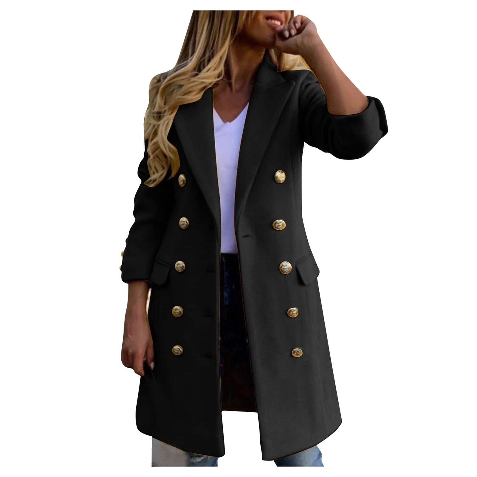 Women's Winter Wool Overcoat - Button Lapel Long Jacket for Office & Business, Warm Slim Fit Trench Coat with Solid Color, Trendy Fall & Spring Outerwear - Perfect for Work Commute, Business Meetings and Formal Occasions