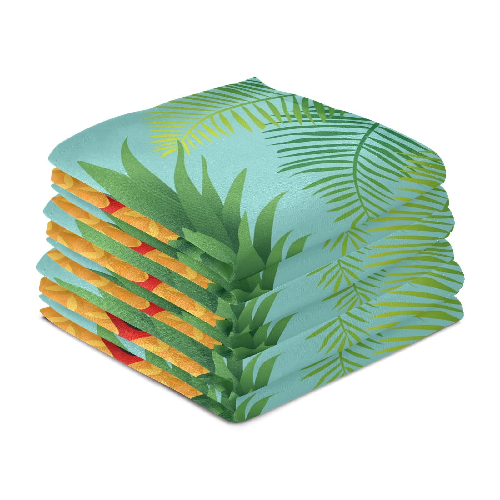Aloha Two Pink Flamingos Green Palm Leaf Pineapple Set of 4 Polyester Kitchen Dish Towels - Hemmed Napkins, Waffle Dishcloths & Hand Bar Tea Towels with Hanging Loop for Hawaiian Themed Parties, Tropical Kitchen Decor & Summer Entertaining
