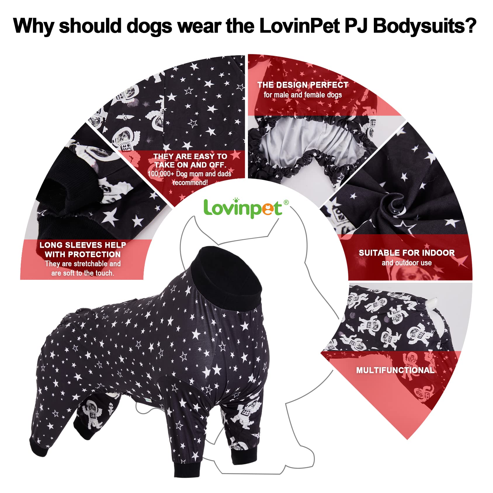 LovinPet Dog Pajamas for Large Breeds - Slim Fit Lightweight Pullover PJs with Full Coverage, Outer Space Astronaut Print - Perfect for Pitbulls & XL Dogs (2XL) - Cozy Nightwear for Indoor Lounging & Cute Photo Ops
