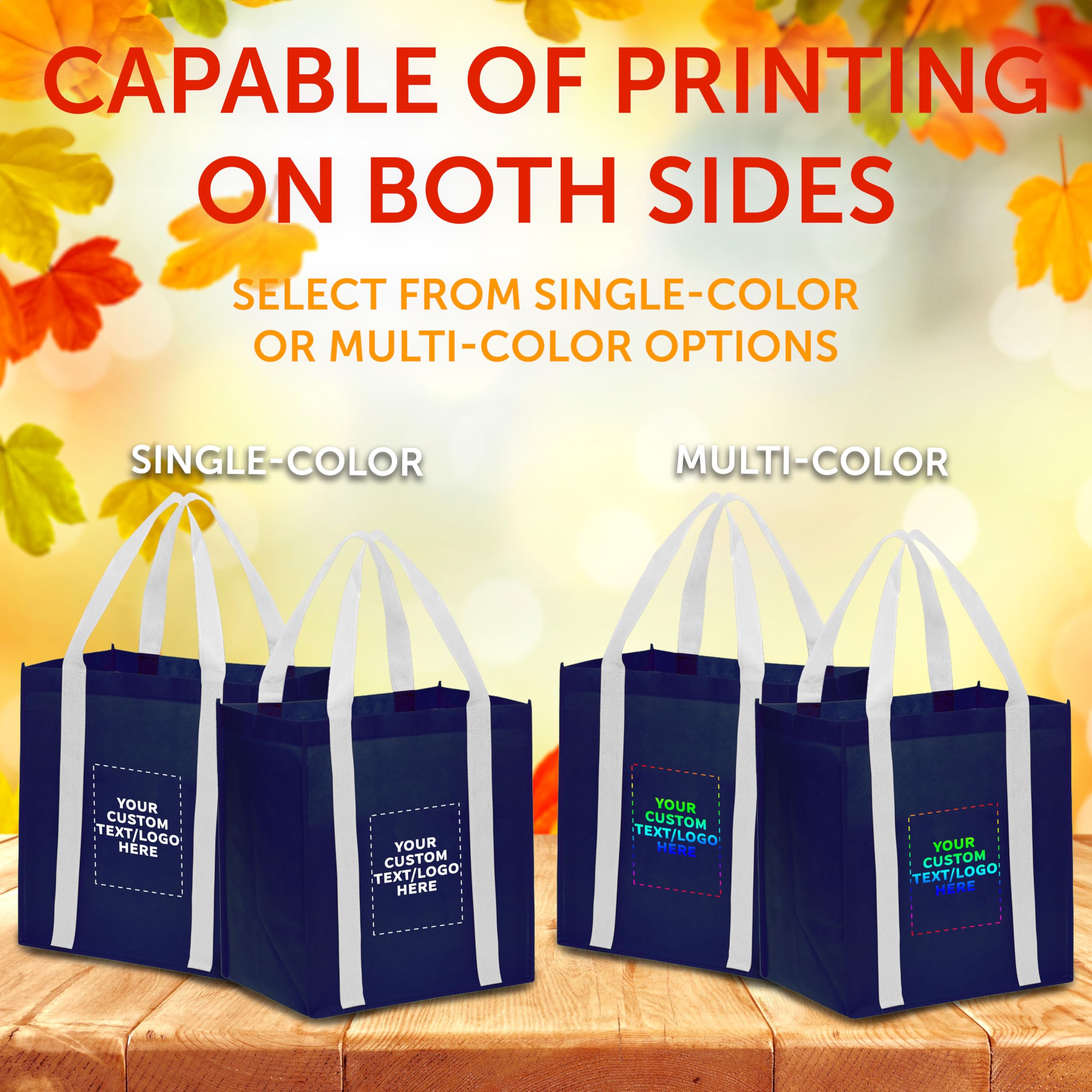 Custom Non-Woven Reusable Shopping Tote Bags - Bulk Pack of 50 Personalized Grocery Bags - Eco-Friendly Navy & White Totes for Shopping, Beach, Picnics, Wedding Favors & Retail Promotions | Great for Stores, Events & Sustainable Lifestyle