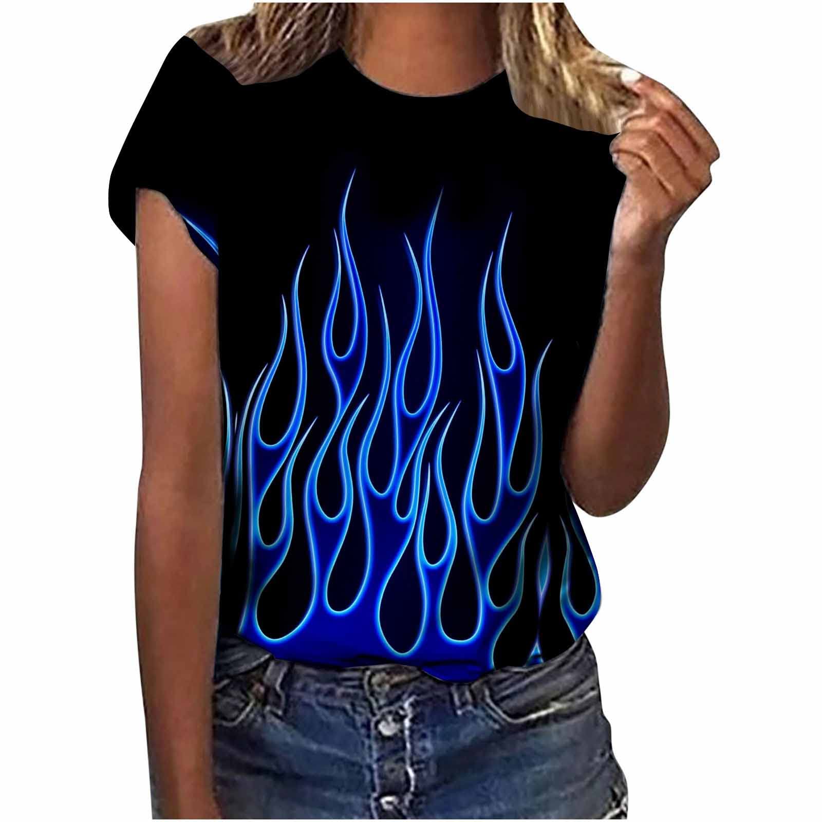 Women's Short Sleeve Crewneck Blouse - Flame Print Casual & Work Tops - Stylish Printed Shirt for Office, Date Night & Summer Outfits