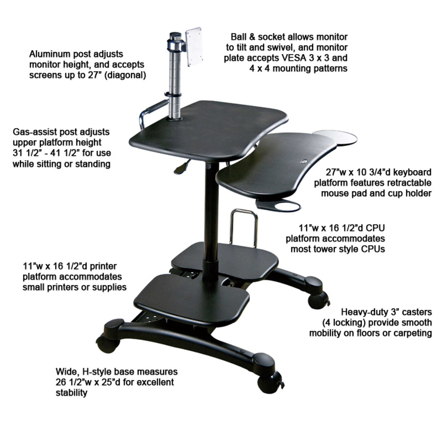 Adjustable Height Monitor Stand with CPU & Printer Shelf - Ergonomic ABS Workstation for Home & Office Desks - Perfect for Multi-Screen Setup & Space Saving