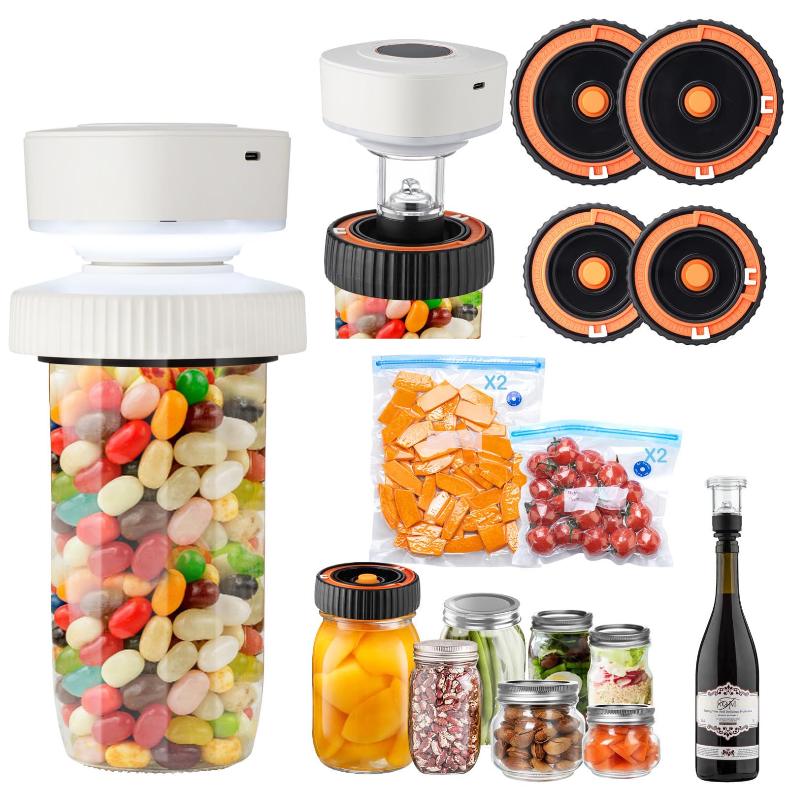 Electric Mason Jar Vacuum Sealer Kit - Wide & Regular Mouth Jar Sealer with 2 Reusable Lids | Automatic Food Preservation System for Freshness | Ideal for Meal Prep, Canning, Sous Vide & Long-Term Food Storage